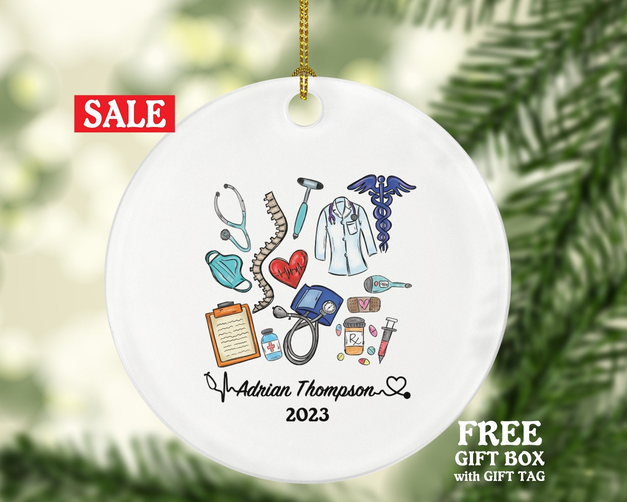 Doctor Christmas Ornament Personalized - Nurse Ambulance Aid Therapist Surgeon Medical Dr Physician Gift for MD RN - Custom Name Year