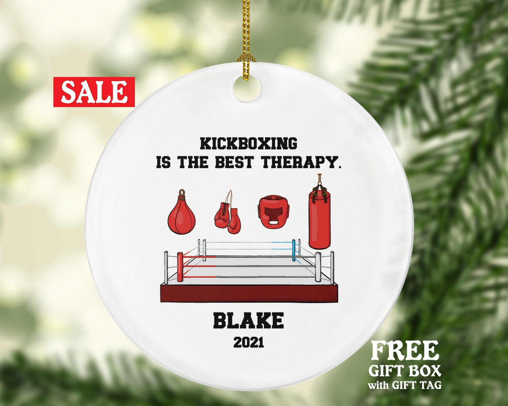 Kickboxing Christmas Ornament Kick Box Gloves Personalized Gift Kickboxer Boxer Boxing Punching Head Guard Bag Sports Occupation Hobby Game