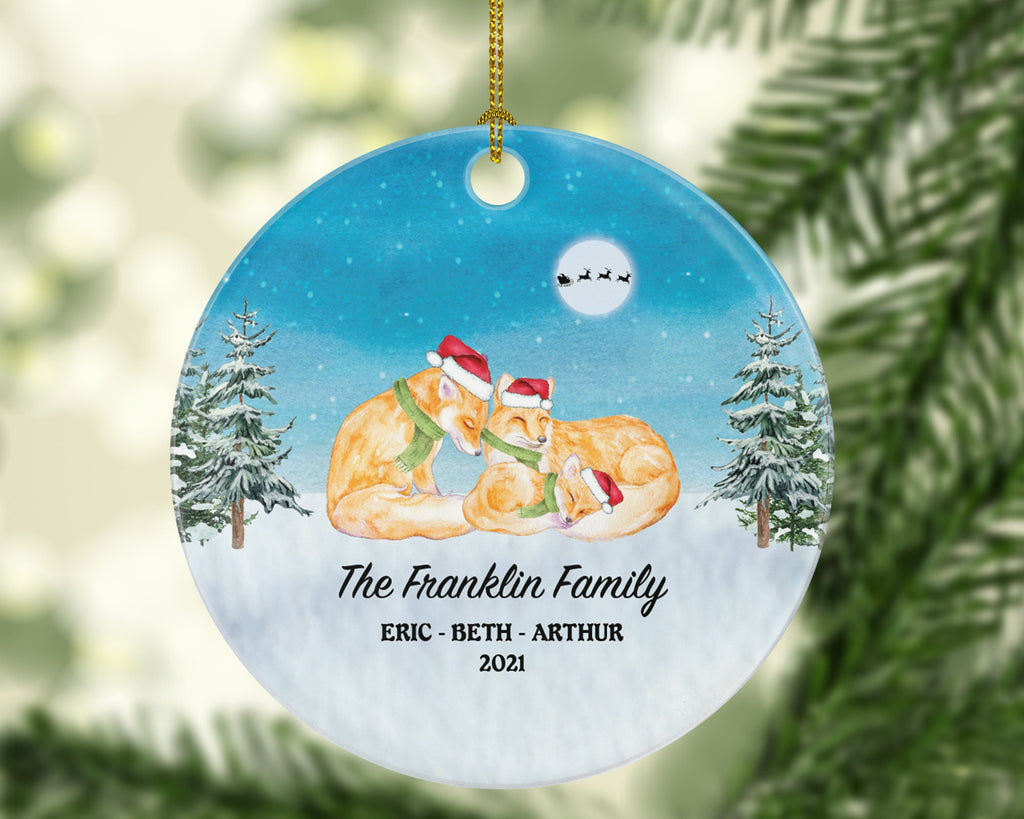Personalized Family of 3 Christmas Ornaments Fox Foxes Family Custom Names Watercolor Family of Three First Ornament Gift for with Kids Xmas