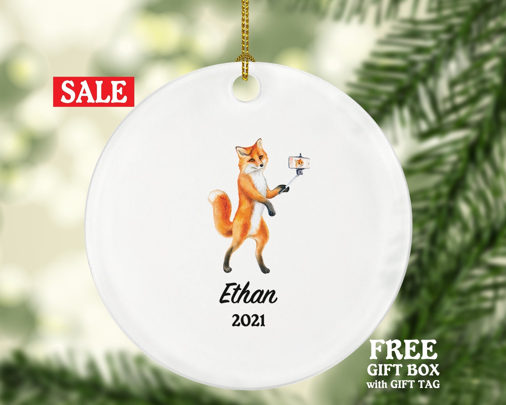Selfie Christmas Ornament Personalized, Fox Self Portrait Custom Social Media Gift with Name
