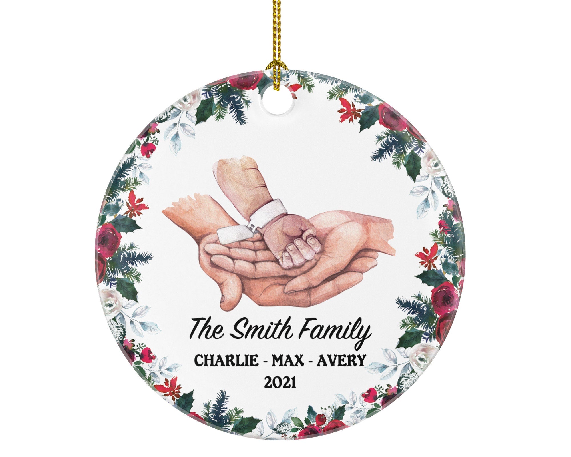 Newborn Infant Baby Family of 3 Christmas Ornament - Personalized Our First Ornament Custom Names for Three Gift for Family with Hands