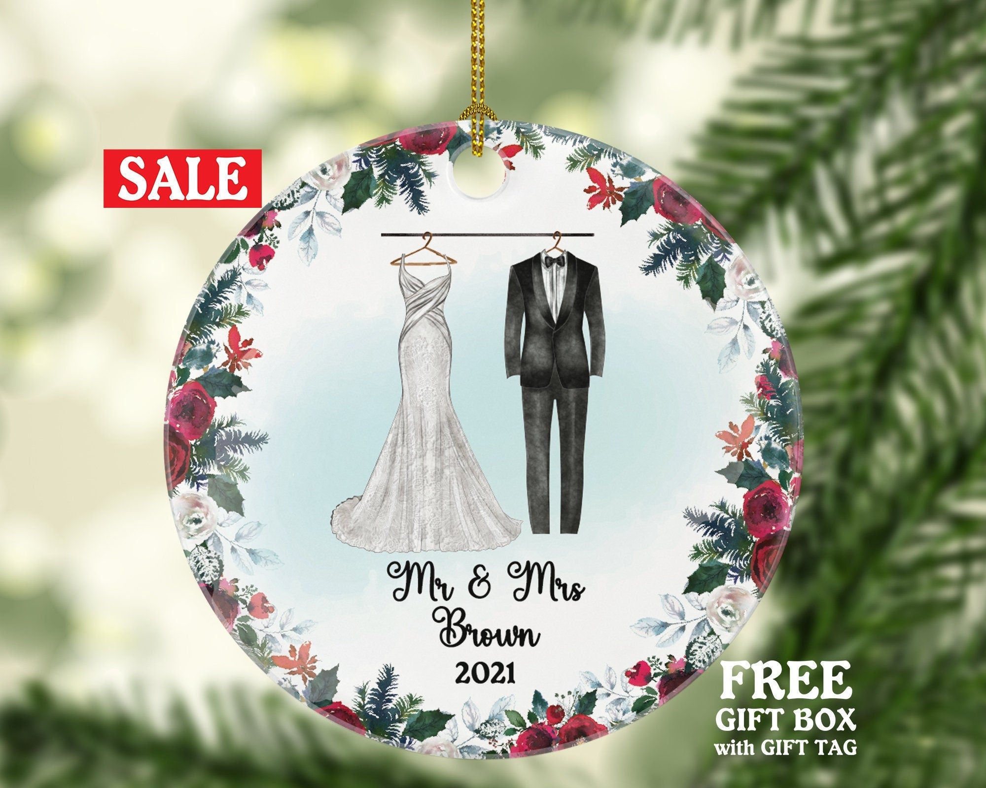Mr & Mrs Wedding Gown Personalized Ornament - Just Married Newlywed Custom First Christmas as Mr. and Mrs. Marriage - Bride Groom Dress