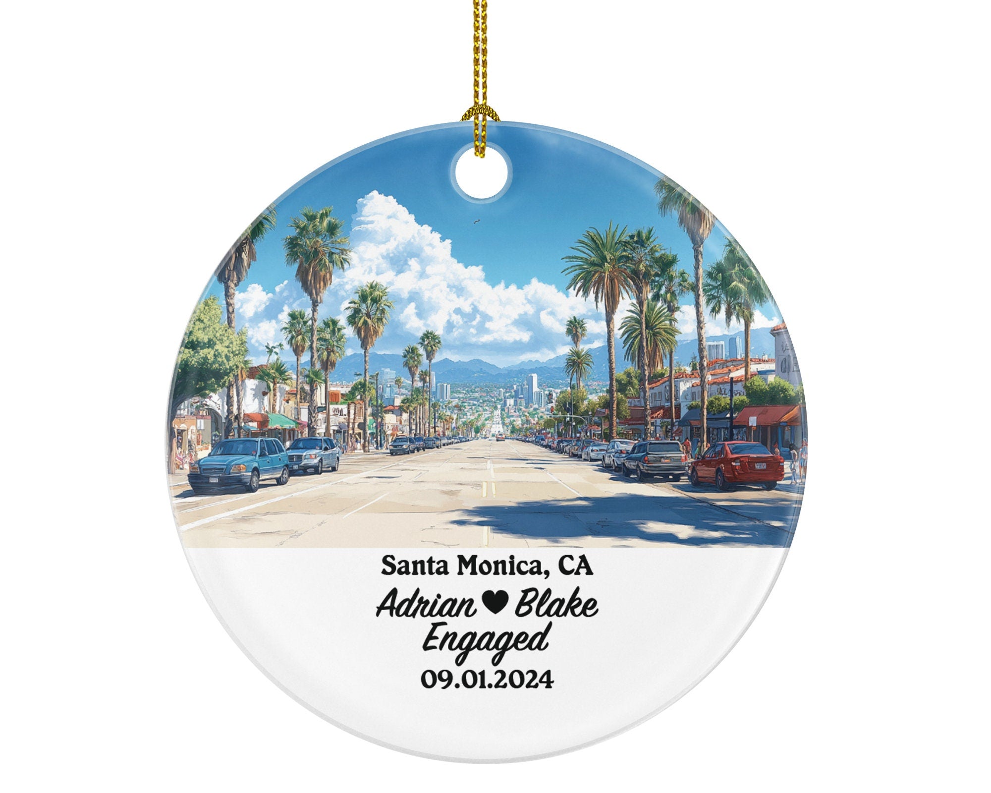 Santa Monica Christmas Ornament Personalized - CA Engaged Married Family Together Couple Travel Honeymoon Engagement Marriage