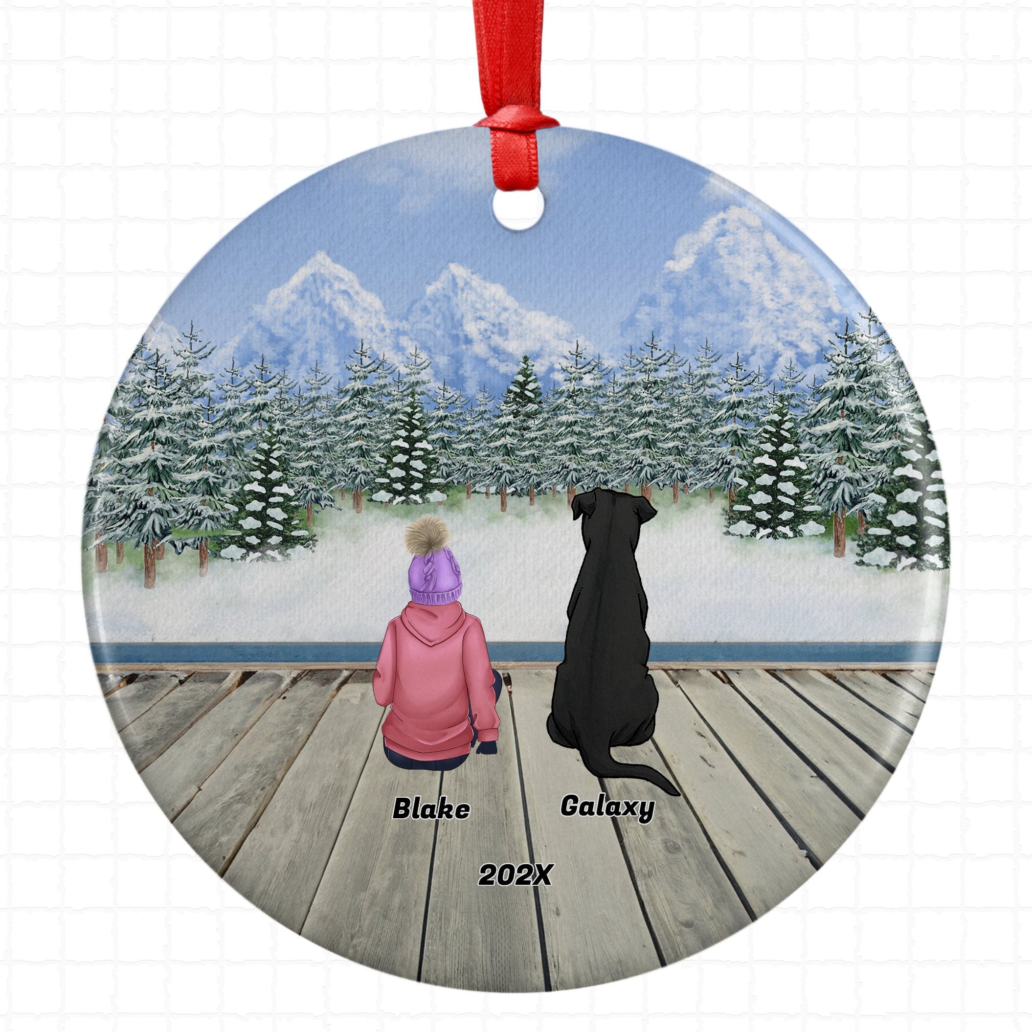 Personalized Pet Girl Daughter Kid Child Grandchild Granddaughter Christmas Ornament Custom Ceramic Dog Cat Owners Holiday Gift Winter Scene