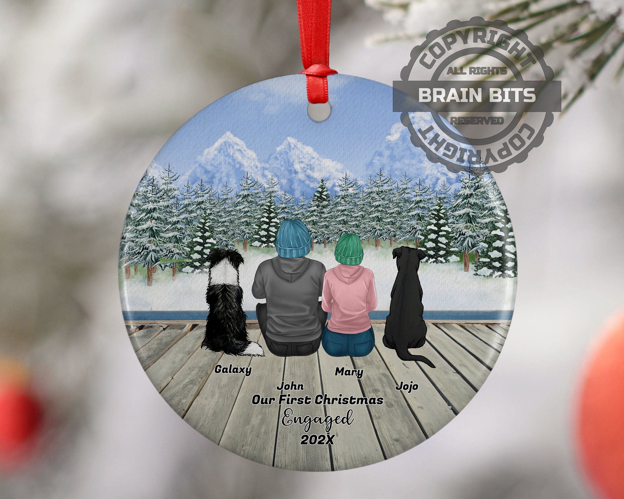 Personalized Engagement Christmas Ornament with Pet Custom Ceramic Keepsake for Couples Dog Cat Owners Engagement Holiday Gift Winter Scene