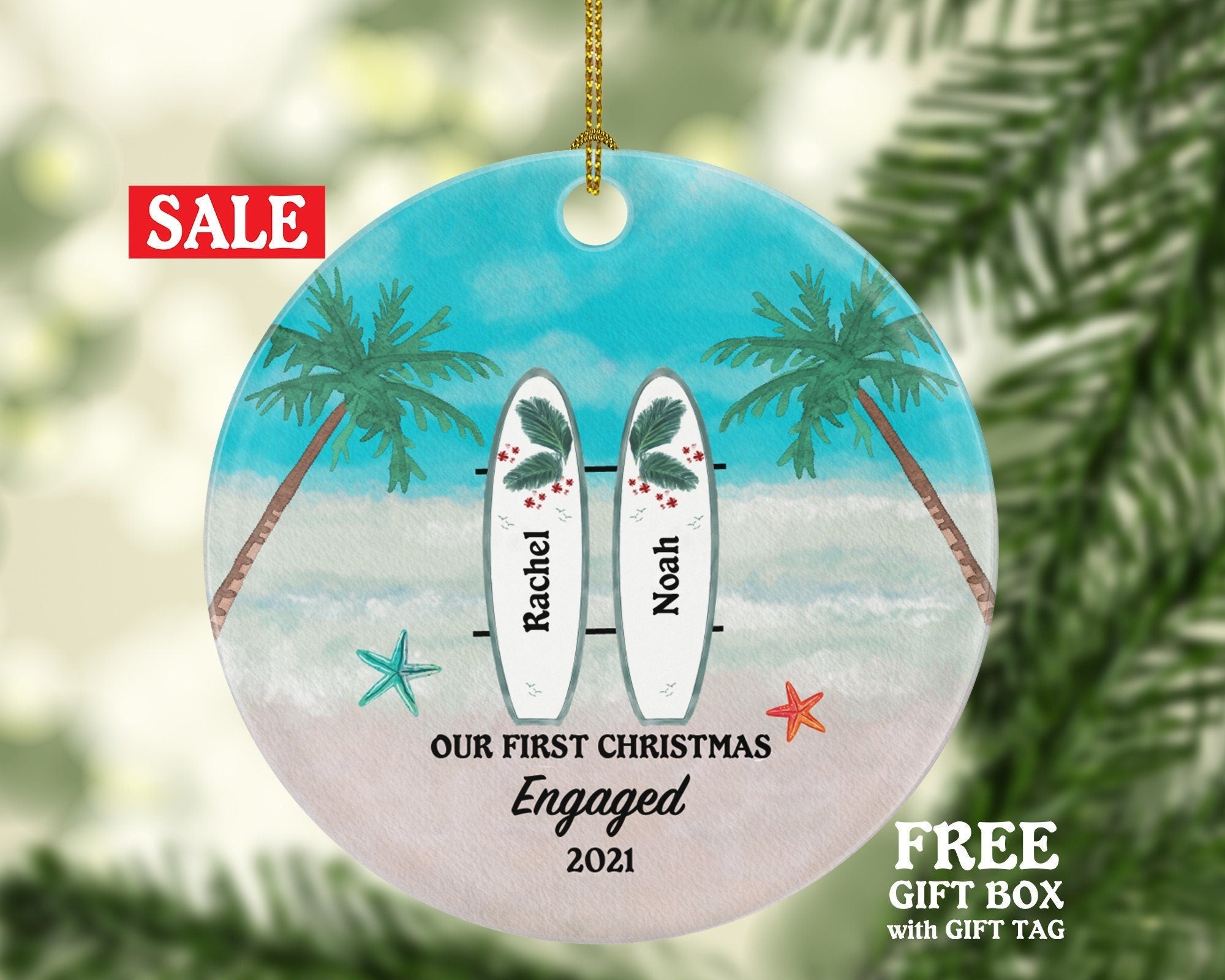 Surfboards Engaged Couple Engagement First Christmas Ornament - Personalized Newly Just Gift for Surf Board Beach Sand Palm She Said Yes