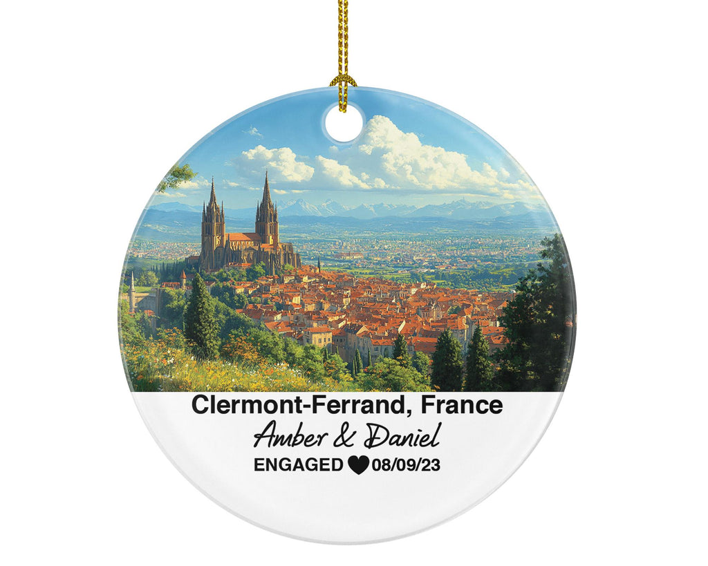 Personalized Clermont-Ferrand France Christmas Ornament, Puy de Dôme, Mr & Mrs Wedding, Engagement, or Honeymoon Keepsake for Couples