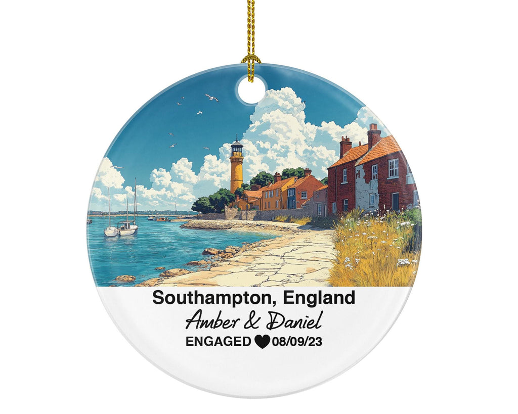 Southampton England Round Ceramic Christmas Ornament – Personalized United Kingdom Keepsake, Custom Couple Gift for Wedding or Honeymoon