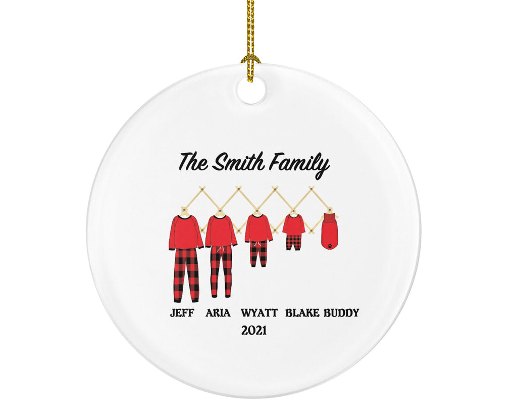 Family Personalized Christmas Ornament - Holiday Pajamas Gift Custom Names Family of 2 3 4 5 - Pet Dog Family