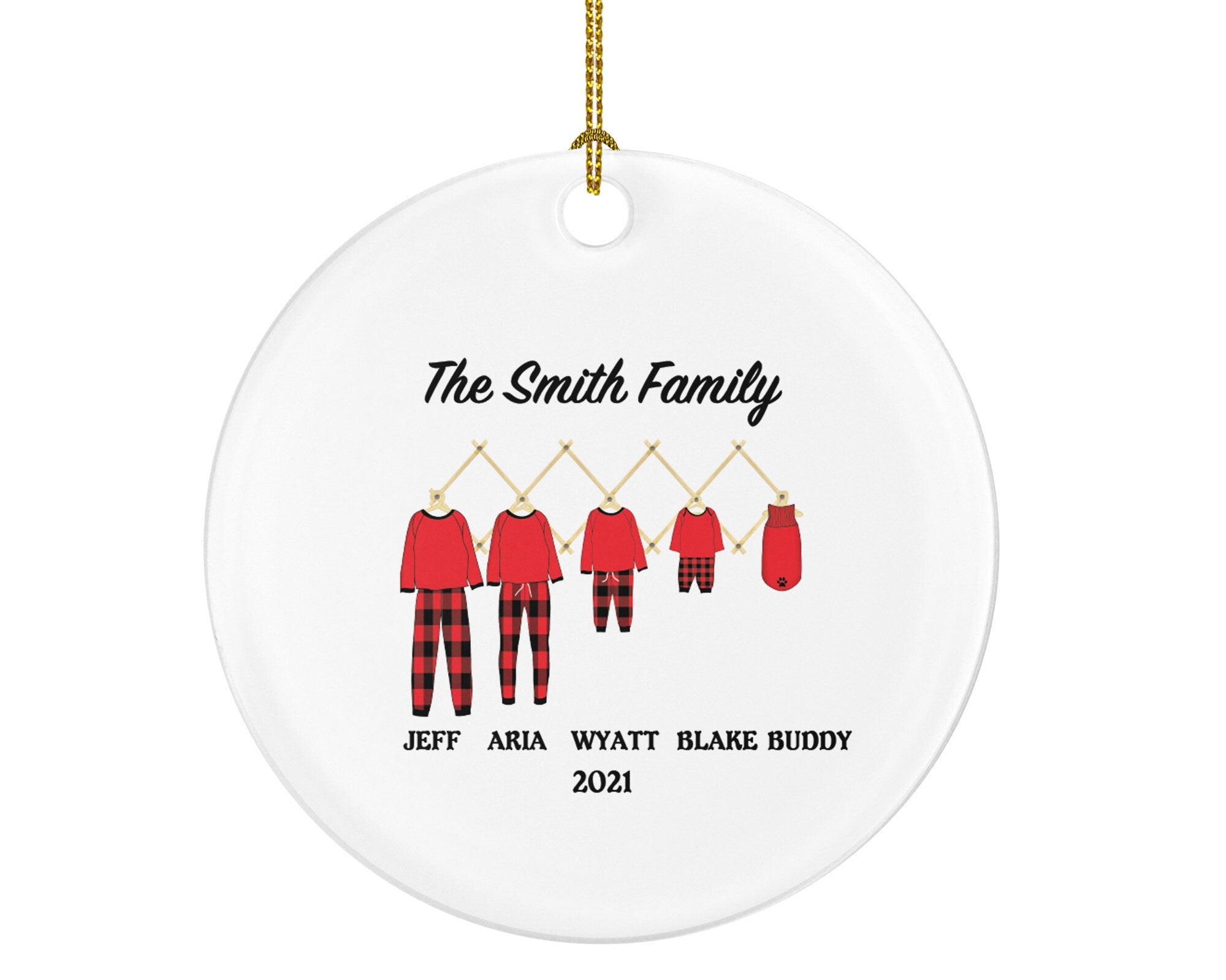 Family Personalized Christmas Ornament - Holiday Pajamas Gift Custom Names Family of 2 3 4 5 - Pet Dog Family