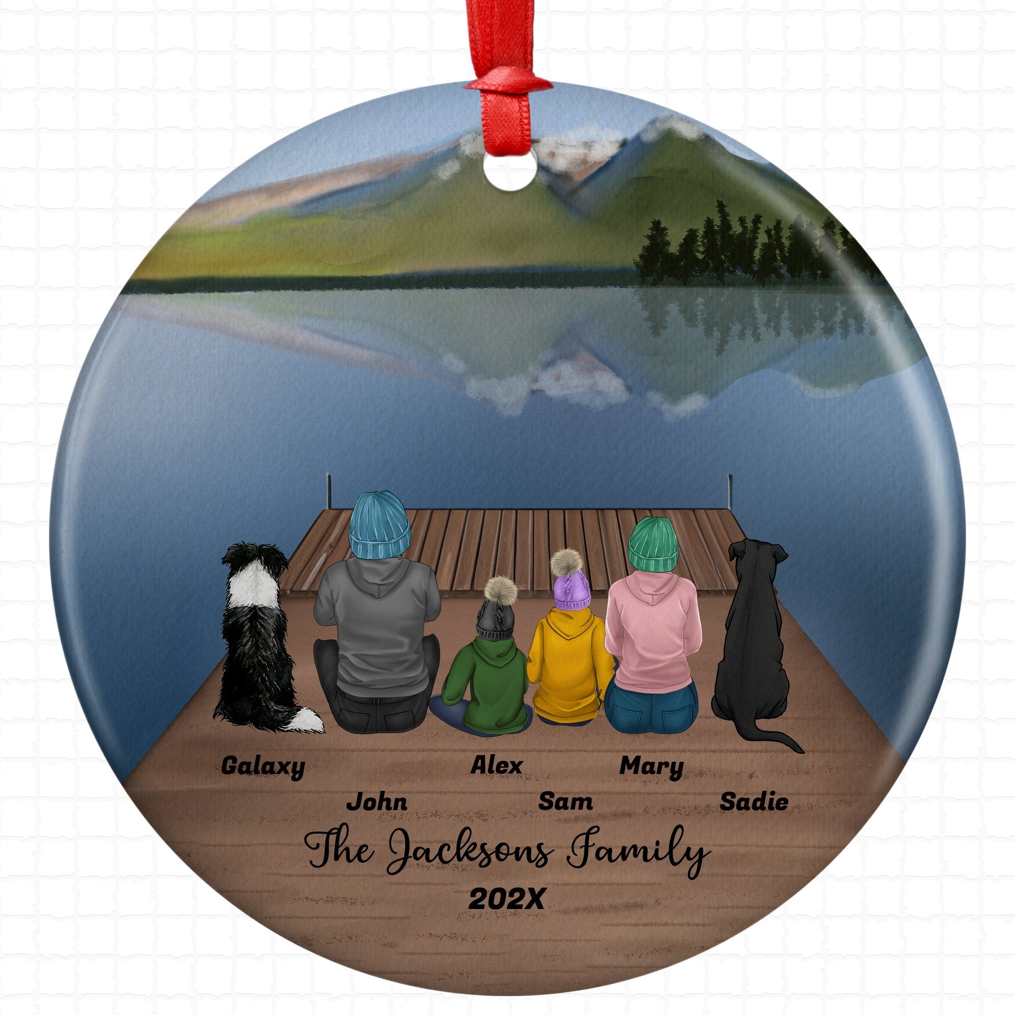 Personalized Family Christmas Ornament with Pet Custom Ceramic Keepsake for Couples Dog Cat Owners Holiday Gift Lake Dock Scene