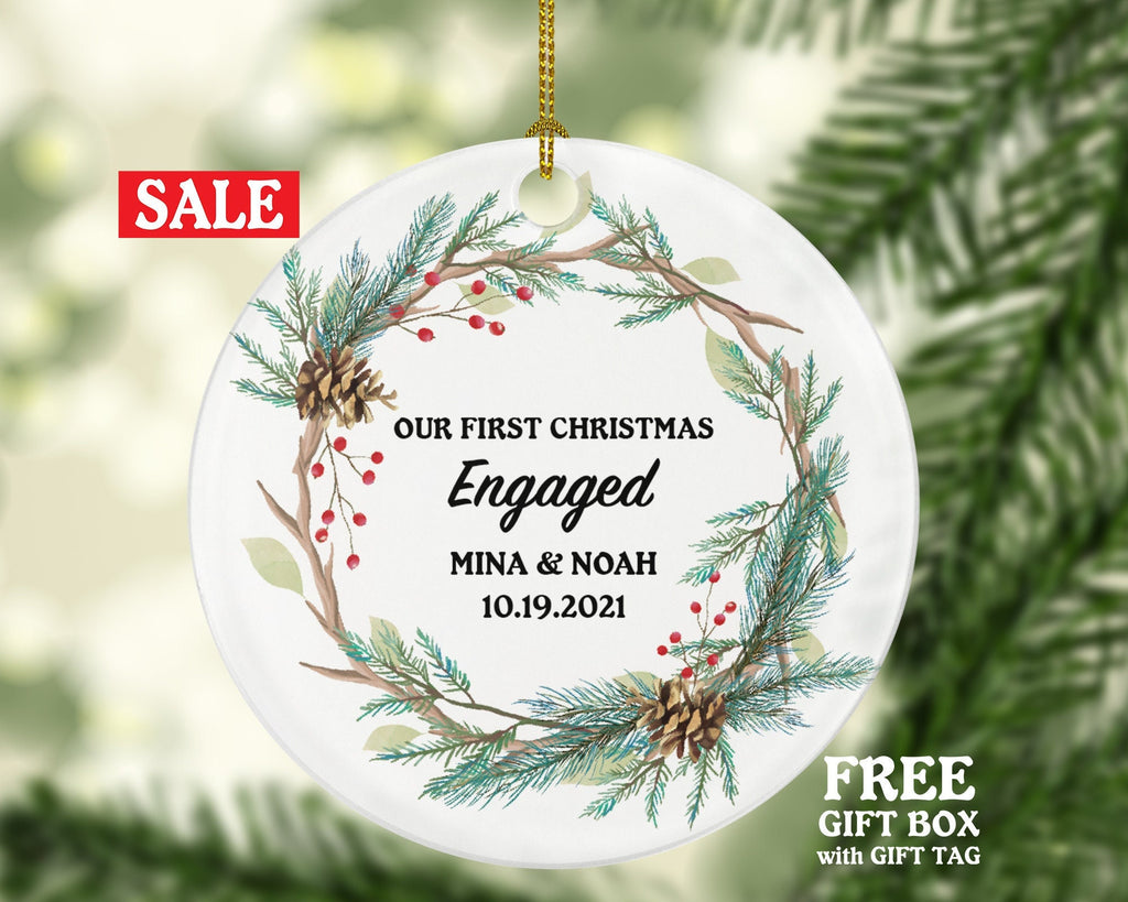 First Christmas Engaged Personalized Ornament - Engagement Announcement Couple Gift - Custom Rustic Wood Christmas Frame Farmhouse