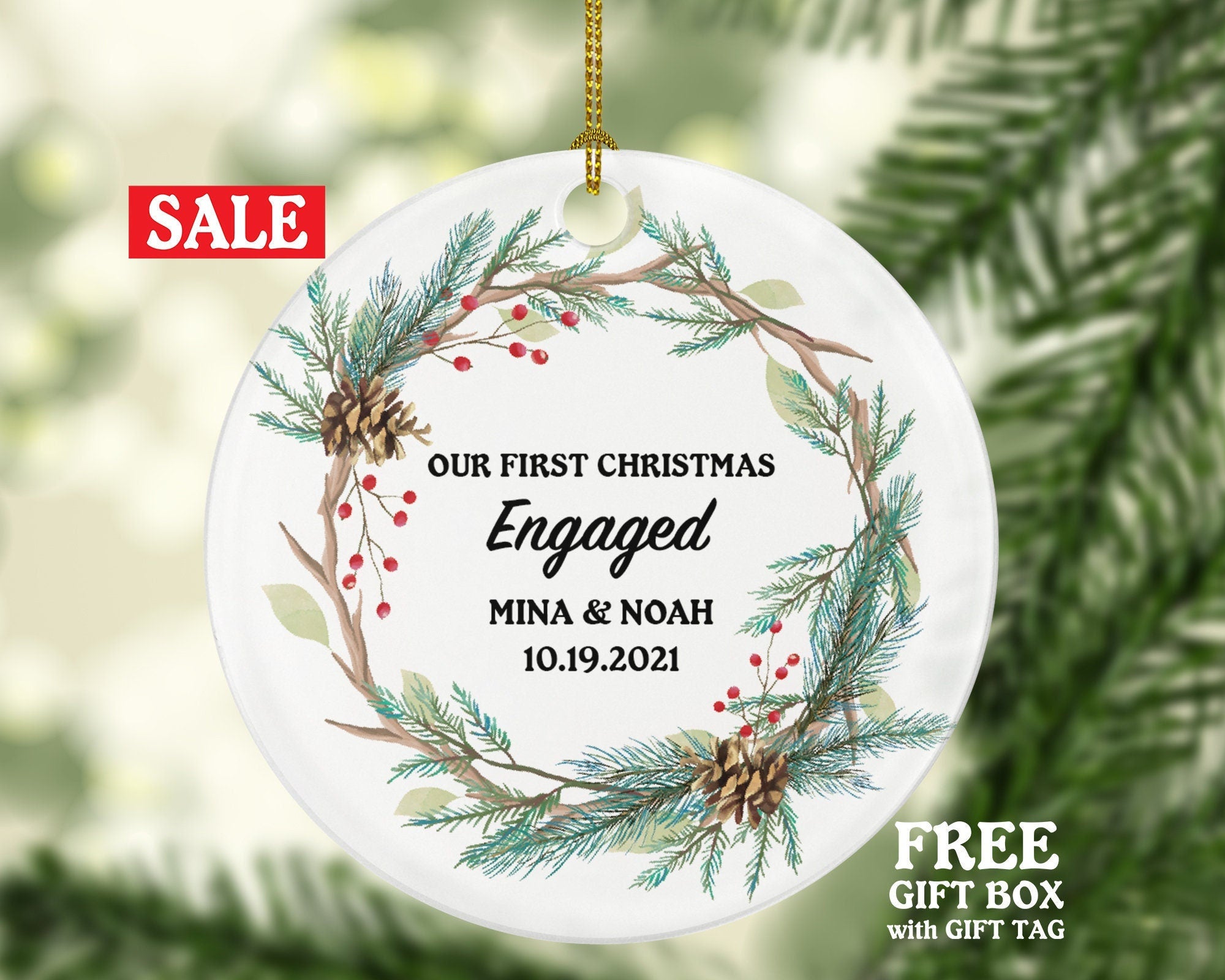 First Christmas Engaged Personalized Ornament - Engagement Announcement Couple Gift - Custom Rustic Wood Christmas Frame Farmhouse