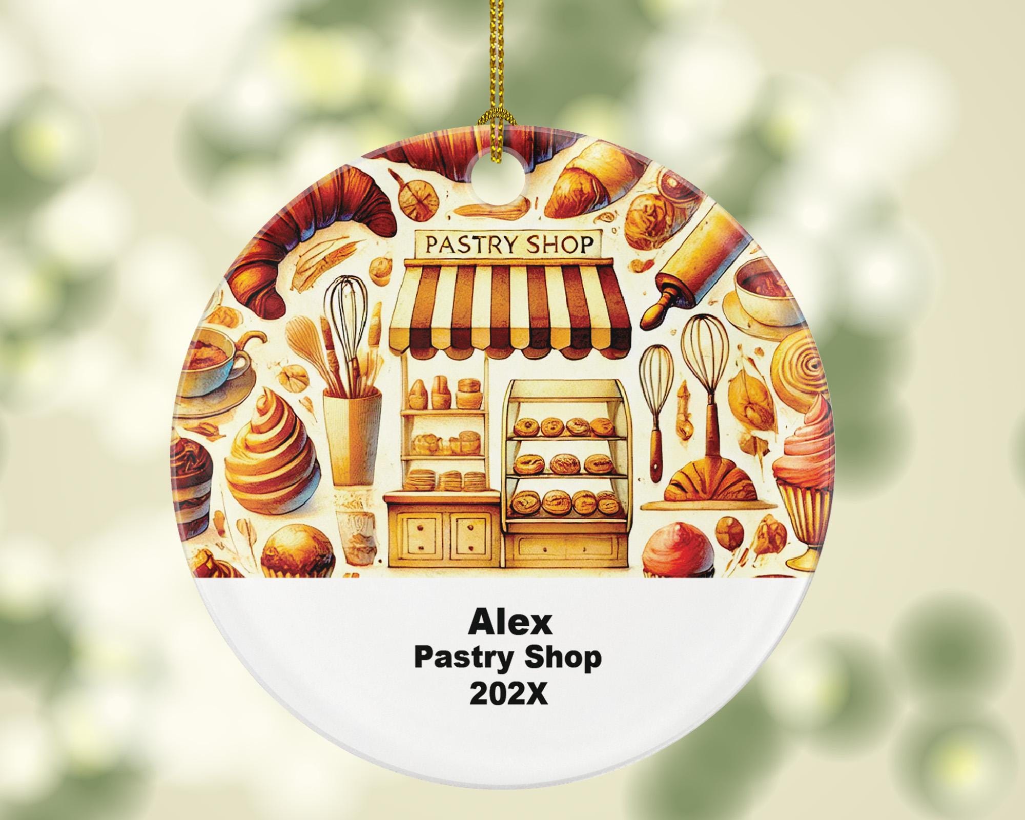Personalized Pastry Shop Ornament – Custom Baker Gift – Bakery and Café Ornament with Name and Year