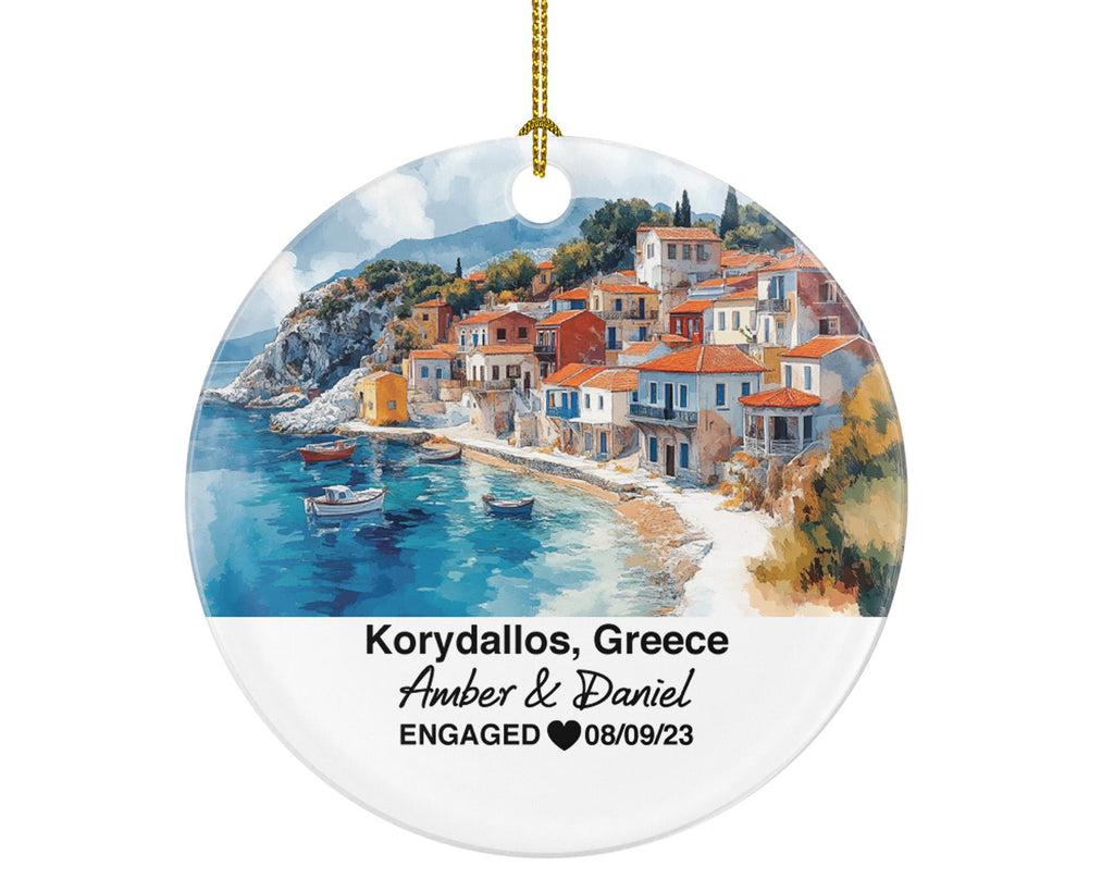 Korydallos Greece Round Ceramic Christmas Ornament – Personalized Holiday Keepsake, Custom Couple Gift for Wedding or Honeymoon