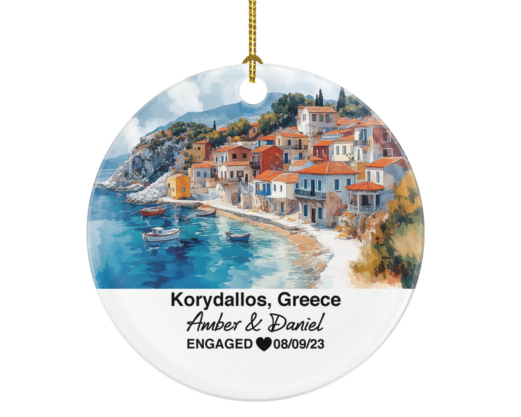 Korydallos Greece Round Ceramic Christmas Ornament – Personalized Holiday Keepsake, Custom Couple Gift for Wedding or Honeymoon