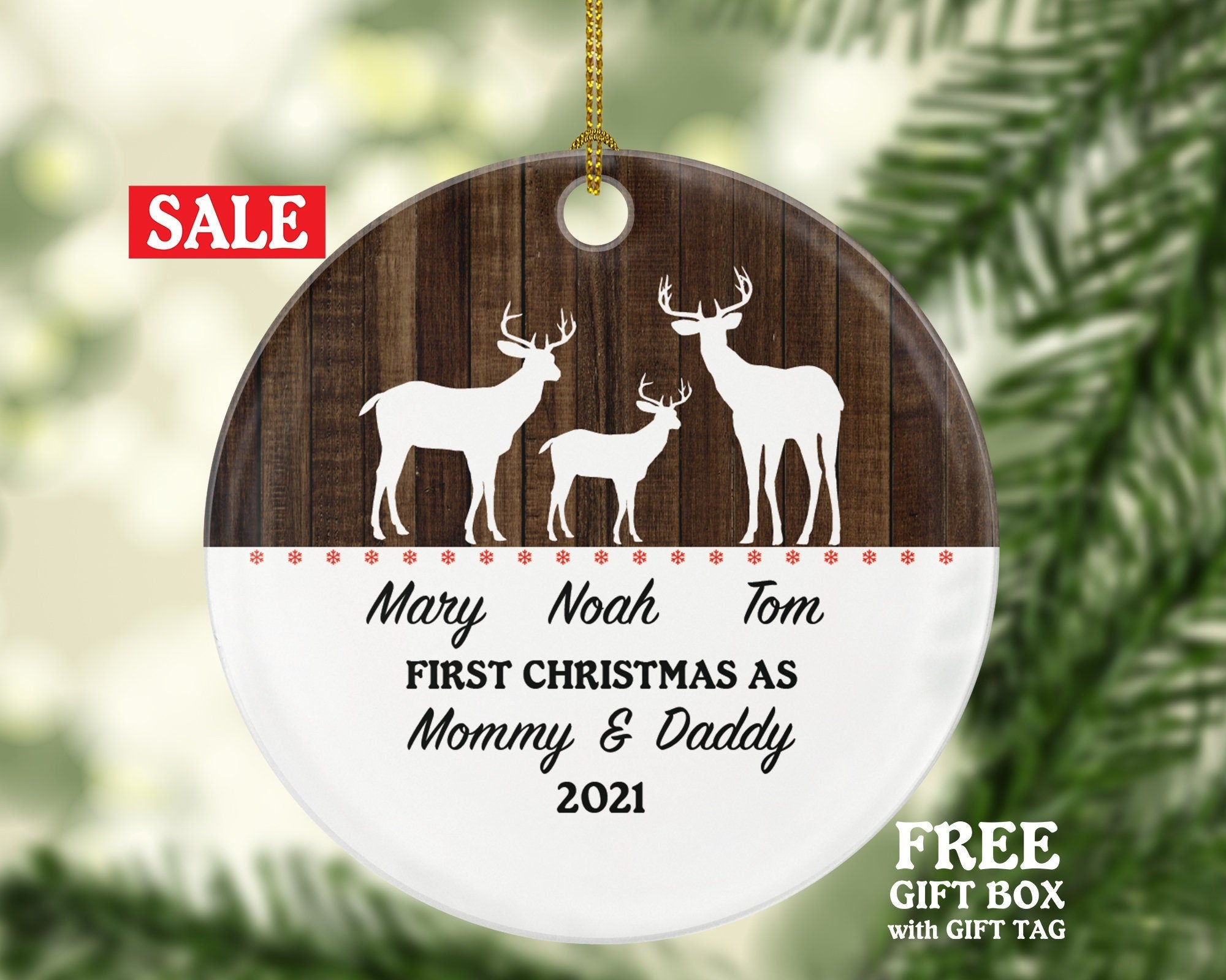 Our First Christmas as Mommy and Daddy Ornament New Baby Girl Boy Parents Mother Father Mom Dad Gift Deer Reindeer Kid Child Winter Xmas