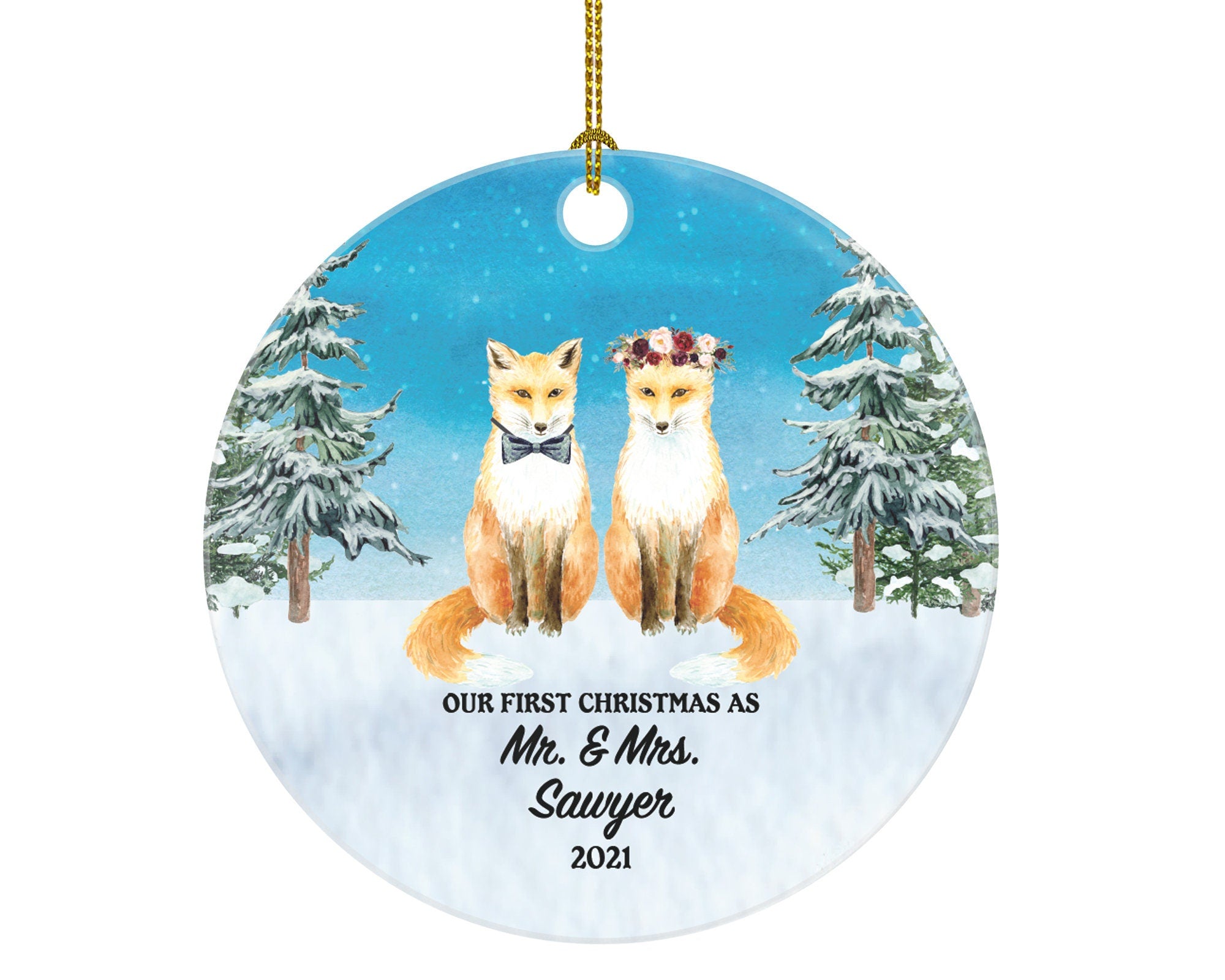 First Christmas as Mr & Mrs Ornament - Just Married Newlywed Wedding Personalized Gift Bride Groom Fox Couple Mr. and Mrs. Present