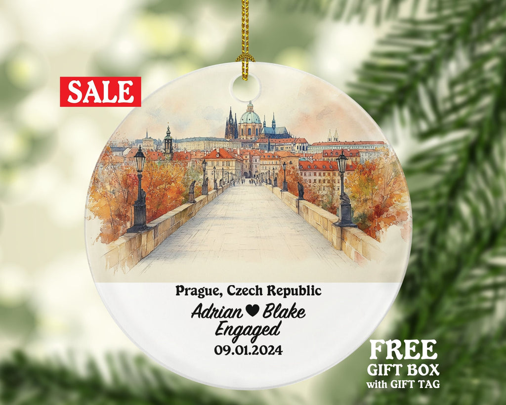 Prague Christmas Ornament Personalized - Czech Republic Engaged Married Family Together Couple Travel Honeymoon Engagement Marriage