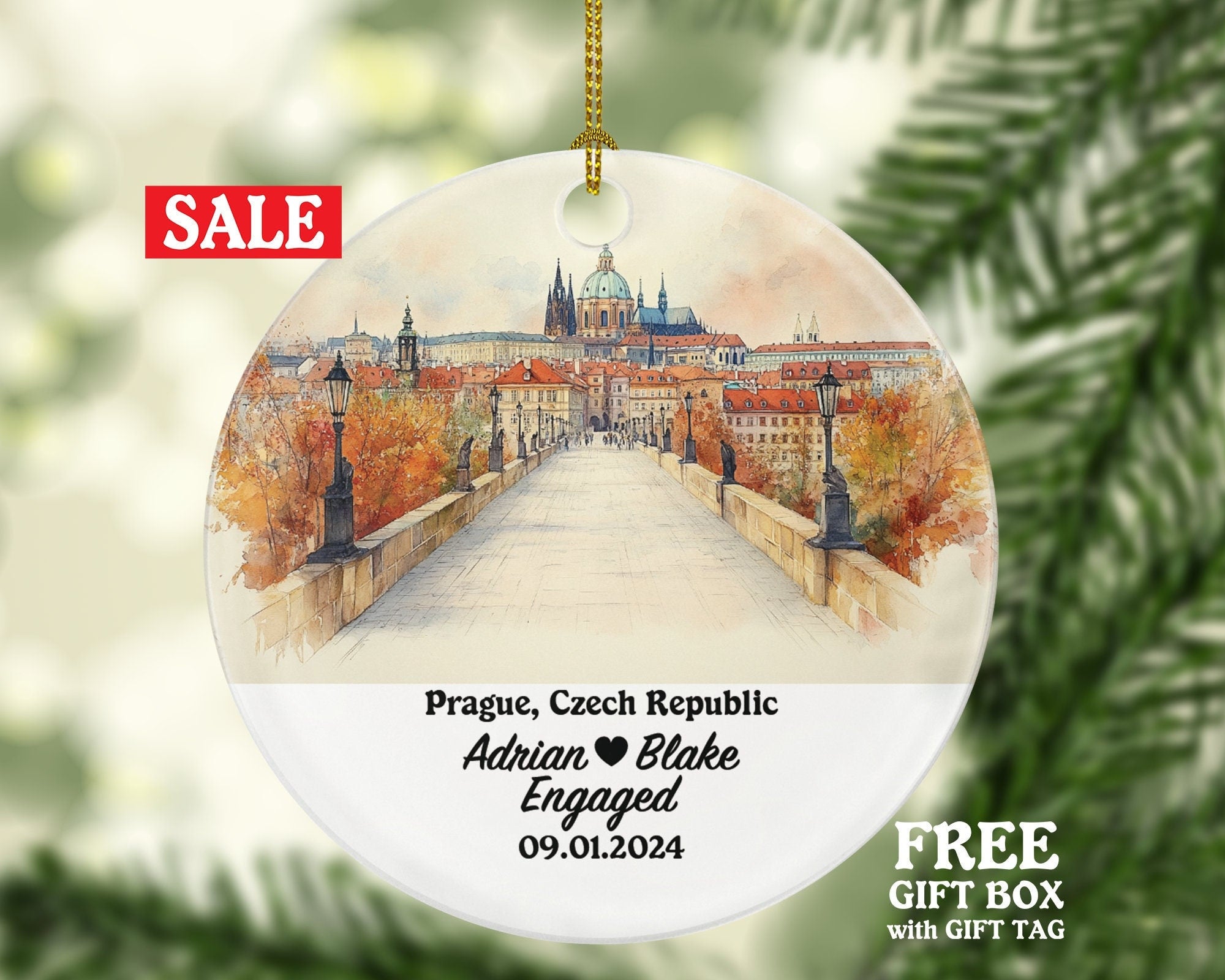 Prague Christmas Ornament Personalized - Czech Republic Engaged Married Family Together Couple Travel Honeymoon Engagement Marriage