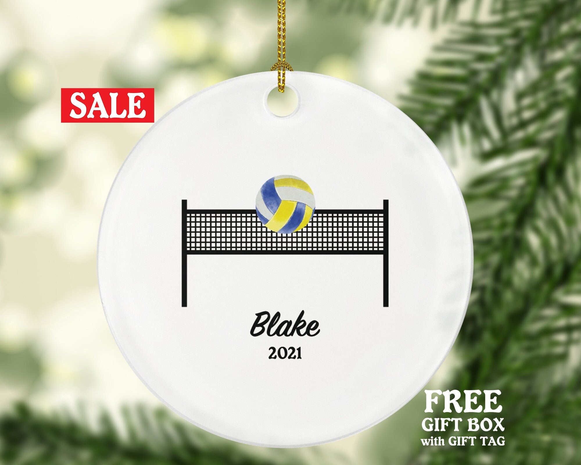 Volleyball Team Player Sports Christmas Ornament, Coach Gift Game Playing Personalized Gamer Custom Ball and Field with Name Fan Hobby