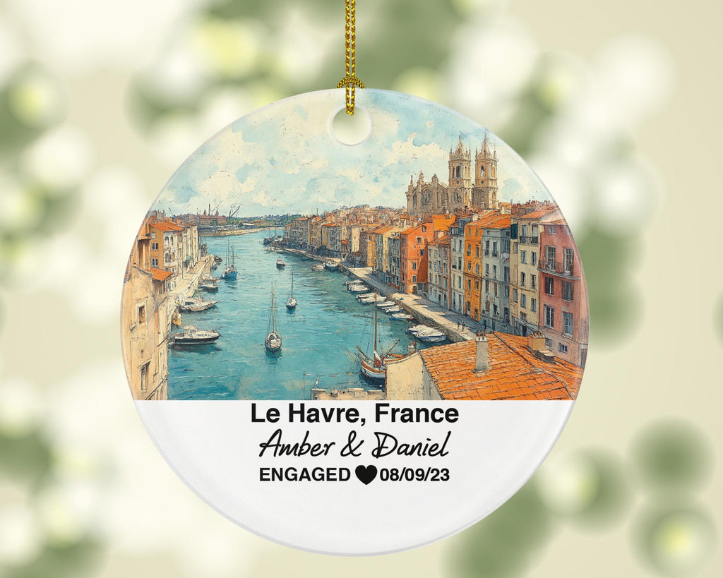 Personalized Le Havre France Christmas Ornament, Seaside Views, Mr & Mrs Wedding, Engagement, or Honeymoon Keepsake for Couples