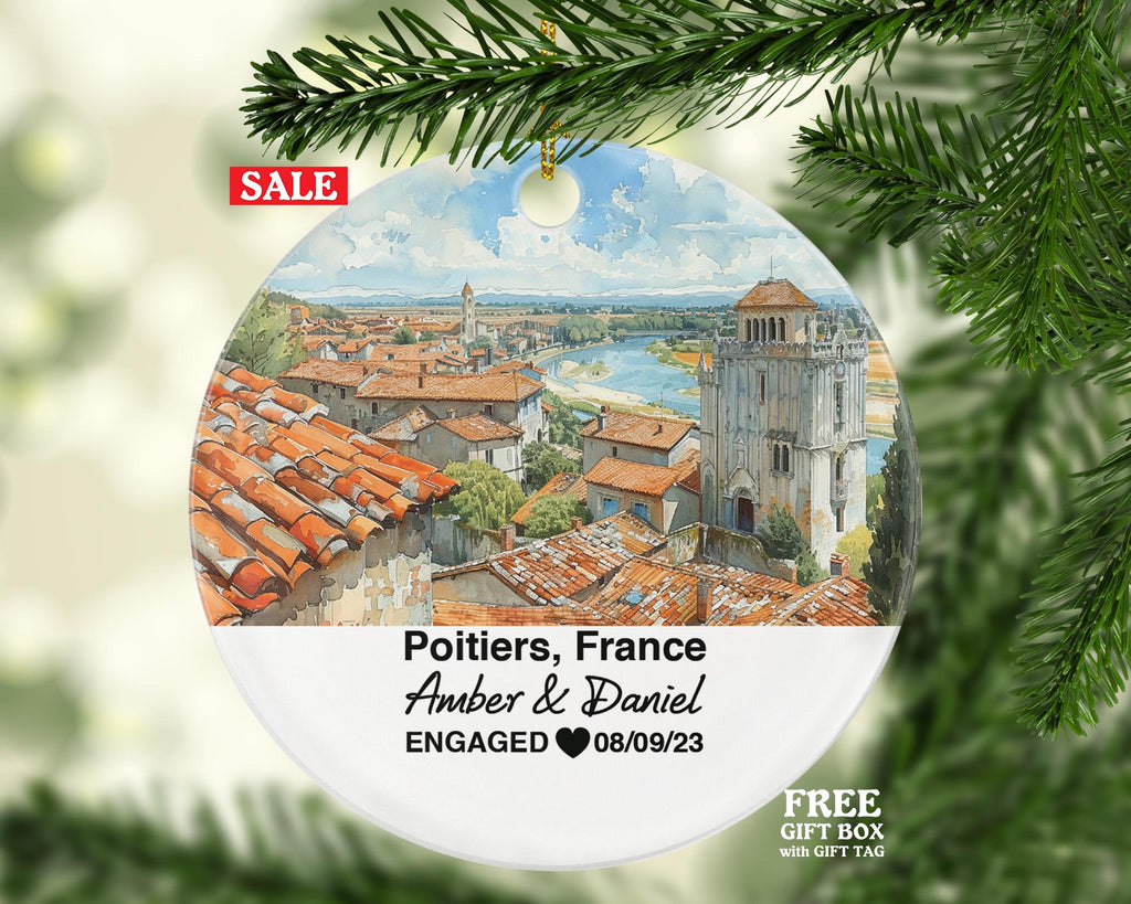 Personalized Poitiers France Christmas Ornament, Saint-Pierre Cathedral, Blossac Park, Mr & Mrs Wedding, Engagement, or Honeymoon Keepsake for Couples