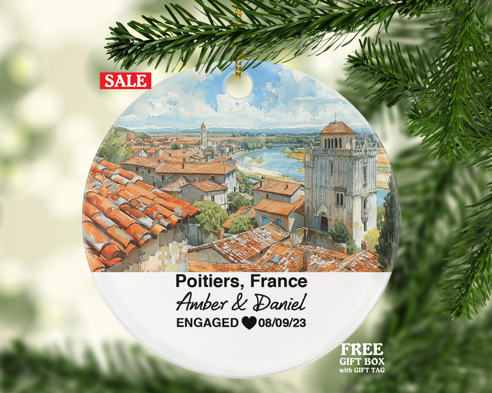 Personalized Poitiers France Christmas Ornament, Saint-Pierre Cathedral, Blossac Park, Mr & Mrs Wedding, Engagement, or Honeymoon Keepsake for Couples