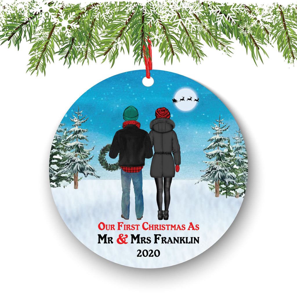 Personalized First Christmas As Mr & Mrs Newlywed Couple Portrait Ornament Wedding First Married Wedding Gift for Bride Groom Hair Skin