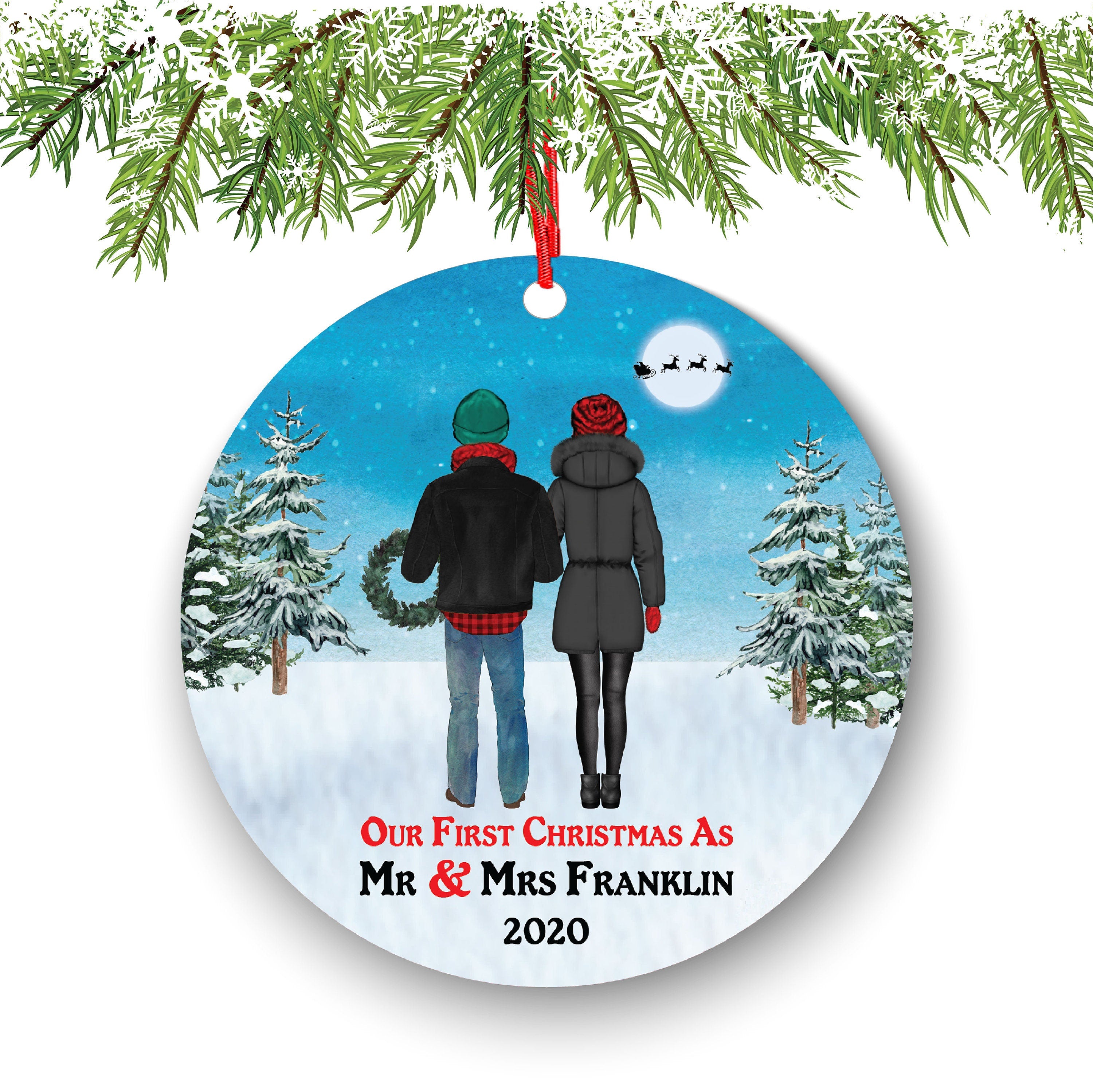 Personalized First Christmas As Mr & Mrs Newlywed Couple Portrait Ornament Wedding First Married Wedding Gift for Bride Groom Hair Skin