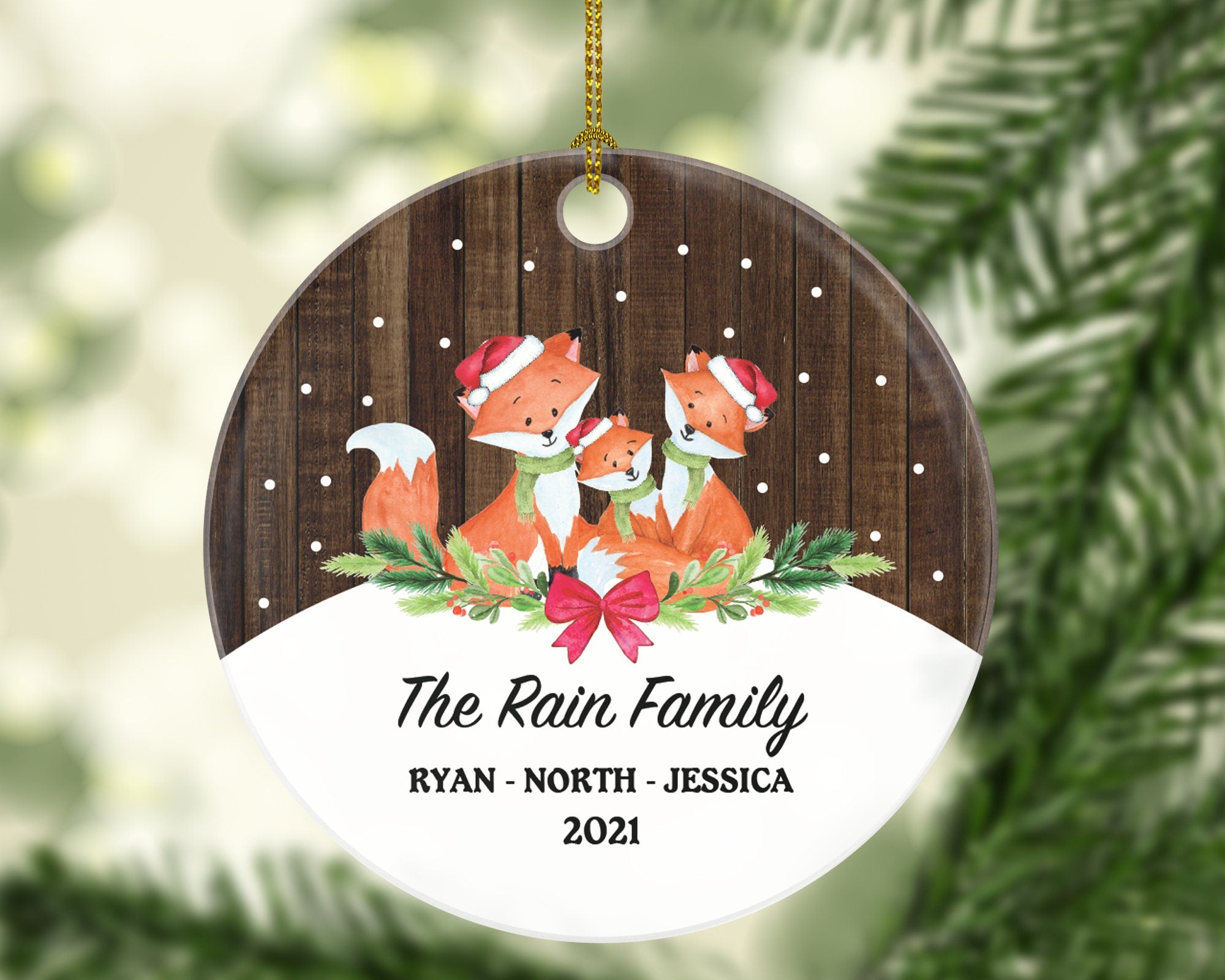 Family of 3 Christmas Ornament Personalized - Custom Names  of Three First Ornament Gift for Fox with Kids Xmas