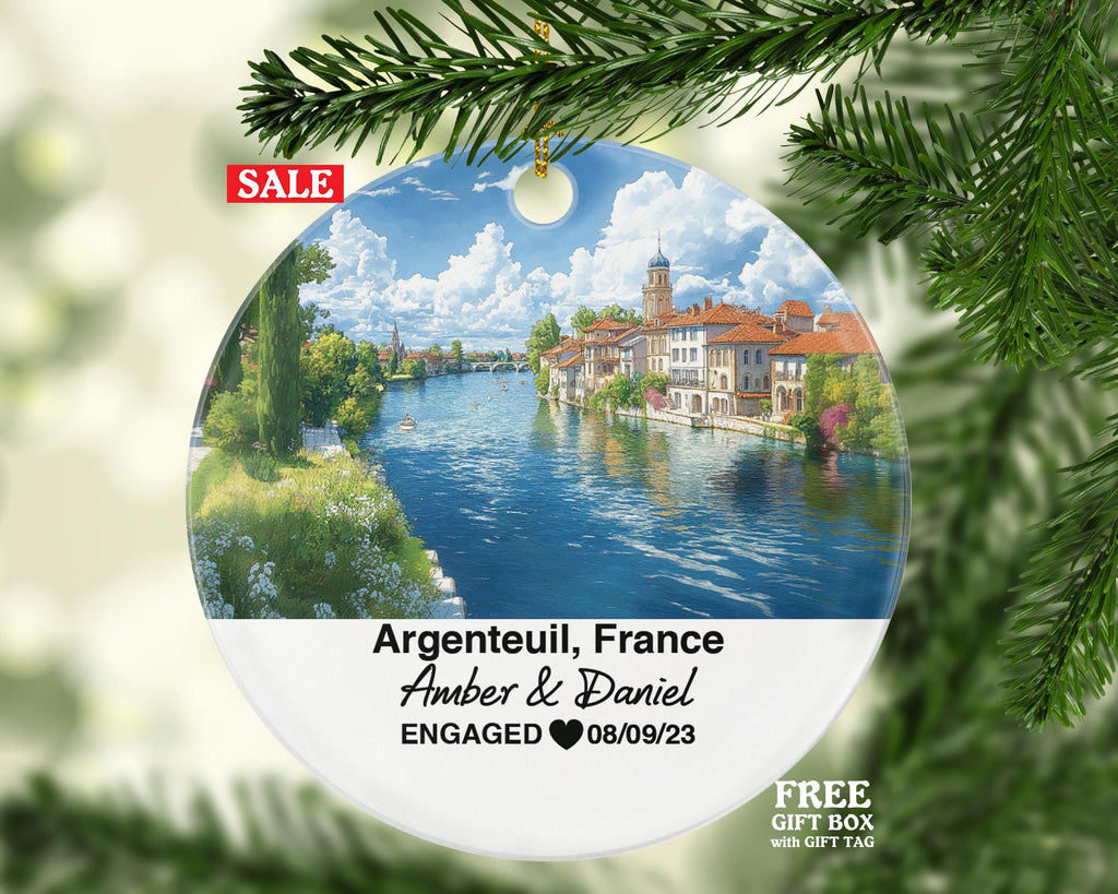 Personalized Argenteuil France Christmas Ornament, Seine River, Mr & Mrs Wedding, Engagement, or Honeymoon Keepsake for Couples