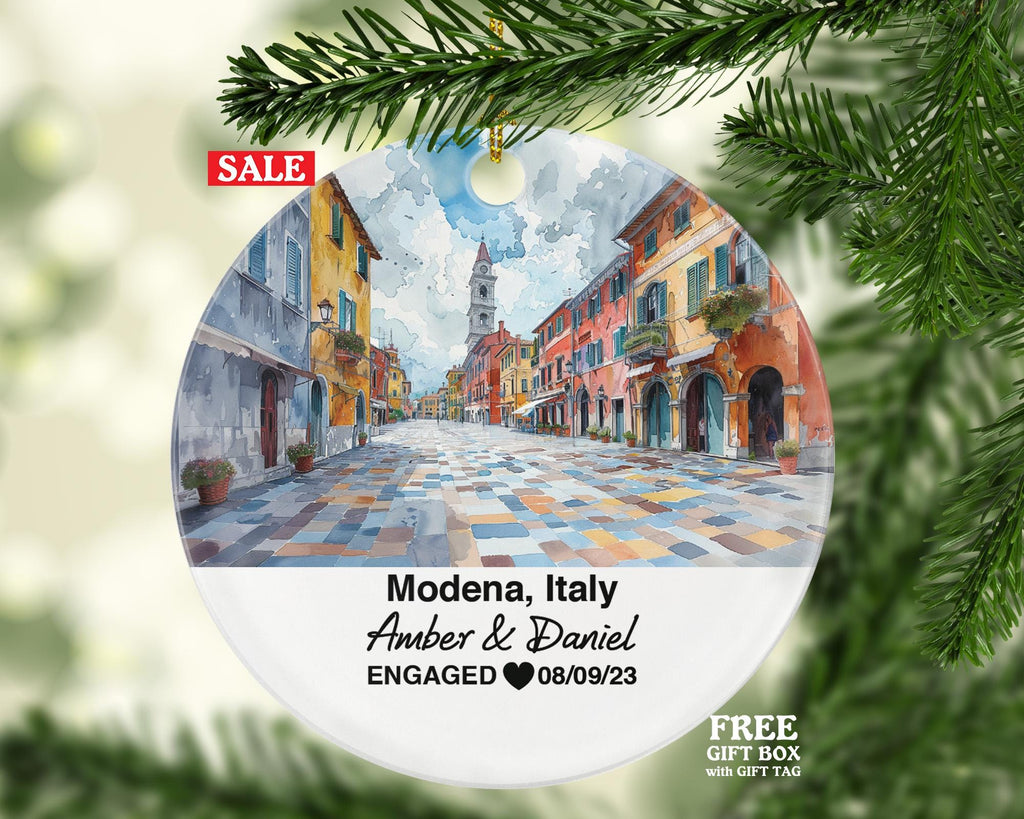 Custom Modena Italy Ornament, Enzo Ferrari Museum, Ghirlandina Tower, Personalized Couple Gift, Celebrate Wedding, Engagement, Honeymoon