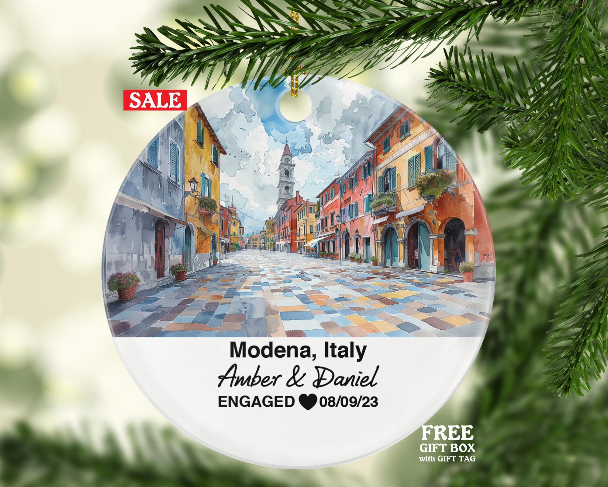Custom Modena Italy Ornament, Enzo Ferrari Museum, Ghirlandina Tower, Personalized Couple Gift, Celebrate Wedding, Engagement, Honeymoon