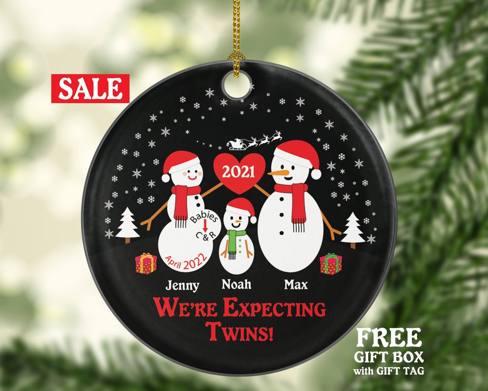 Expecting Twins Personalized Christmas Ornament Child Family of 3 Snowman Couple Parents Dad to be Pregnancy announcement mom to be of twins