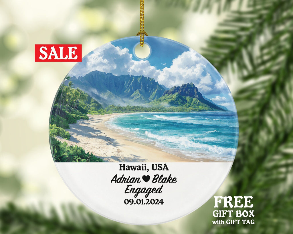 Hawaii Christmas Ornament Personalized - HI Engaged Married Family Together Couple Travel Honeymoon Engagement Marriage