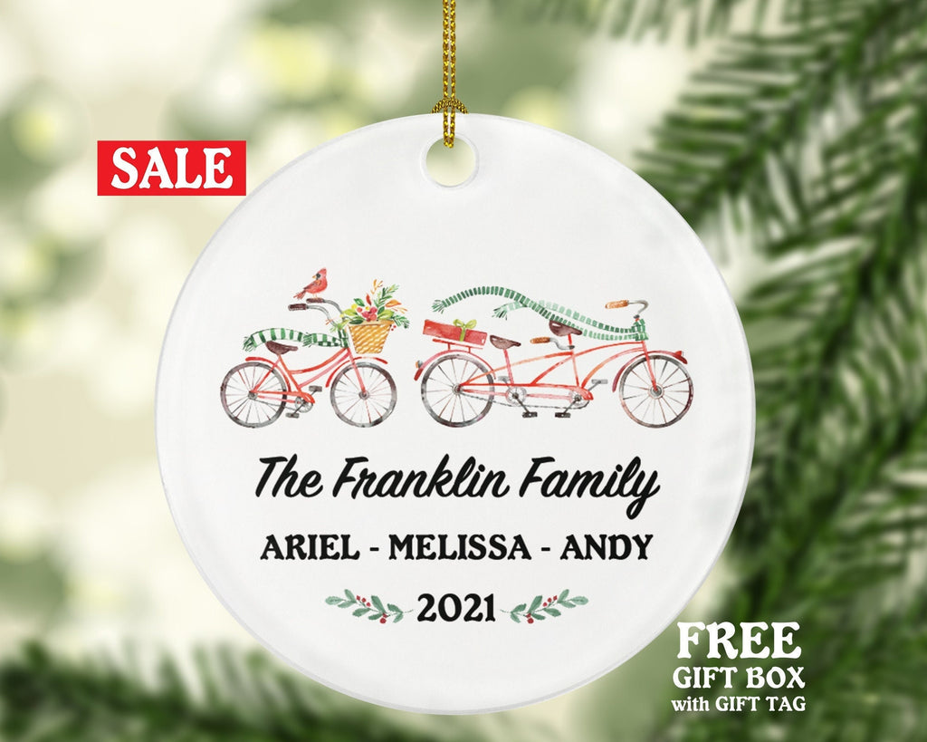 Family of 3 Personalized Christmas Ornament - Bicycle Bike Tandem Customized Holiday Gift Custom Names Outdoor Activity Mother Father Child