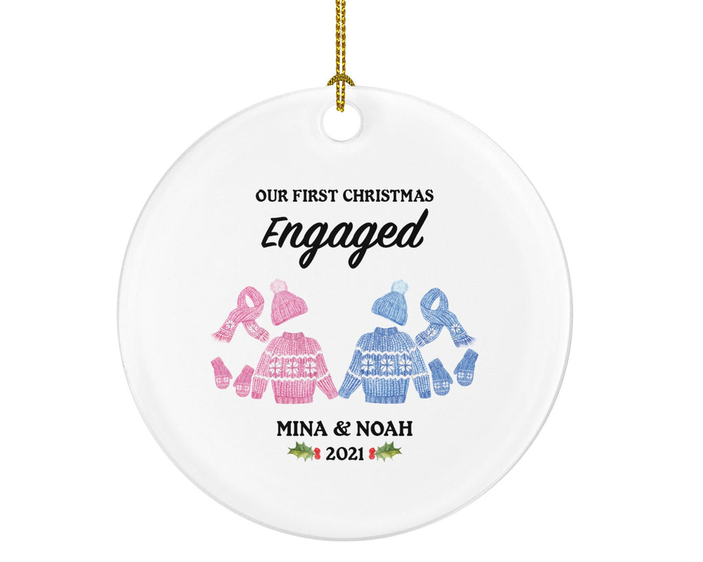 First Christmas Engaged Ornament - Personalized Engagement Announcement - Couple Winter Outfit Gift - Our First Holiday Custom Date and Name