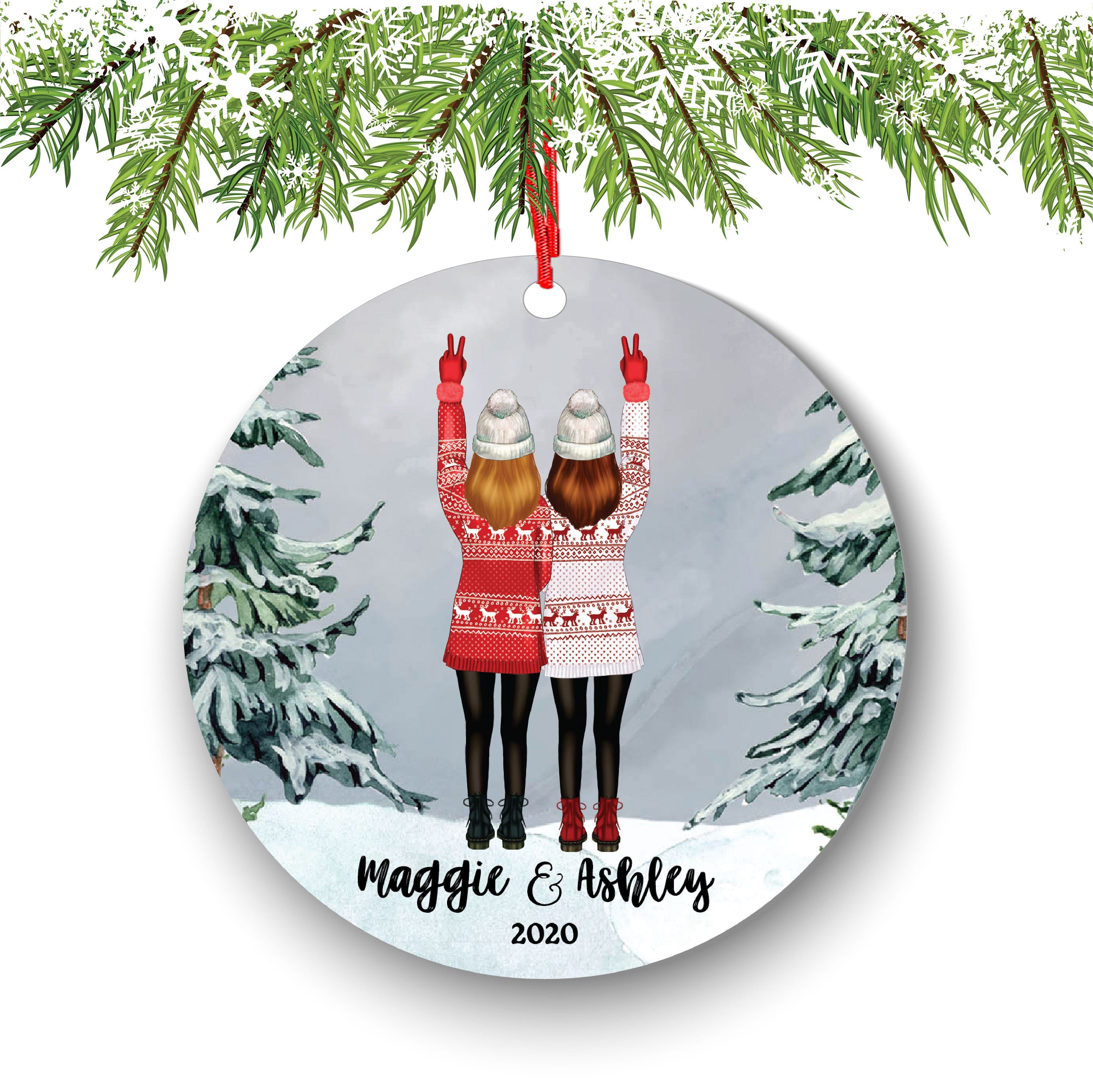 Soul Sisters for 2 Best Friends Christmas Ornament Personalized BFF Gift Custom Female Friends Besties Portrait Snow Forest Girl My Person