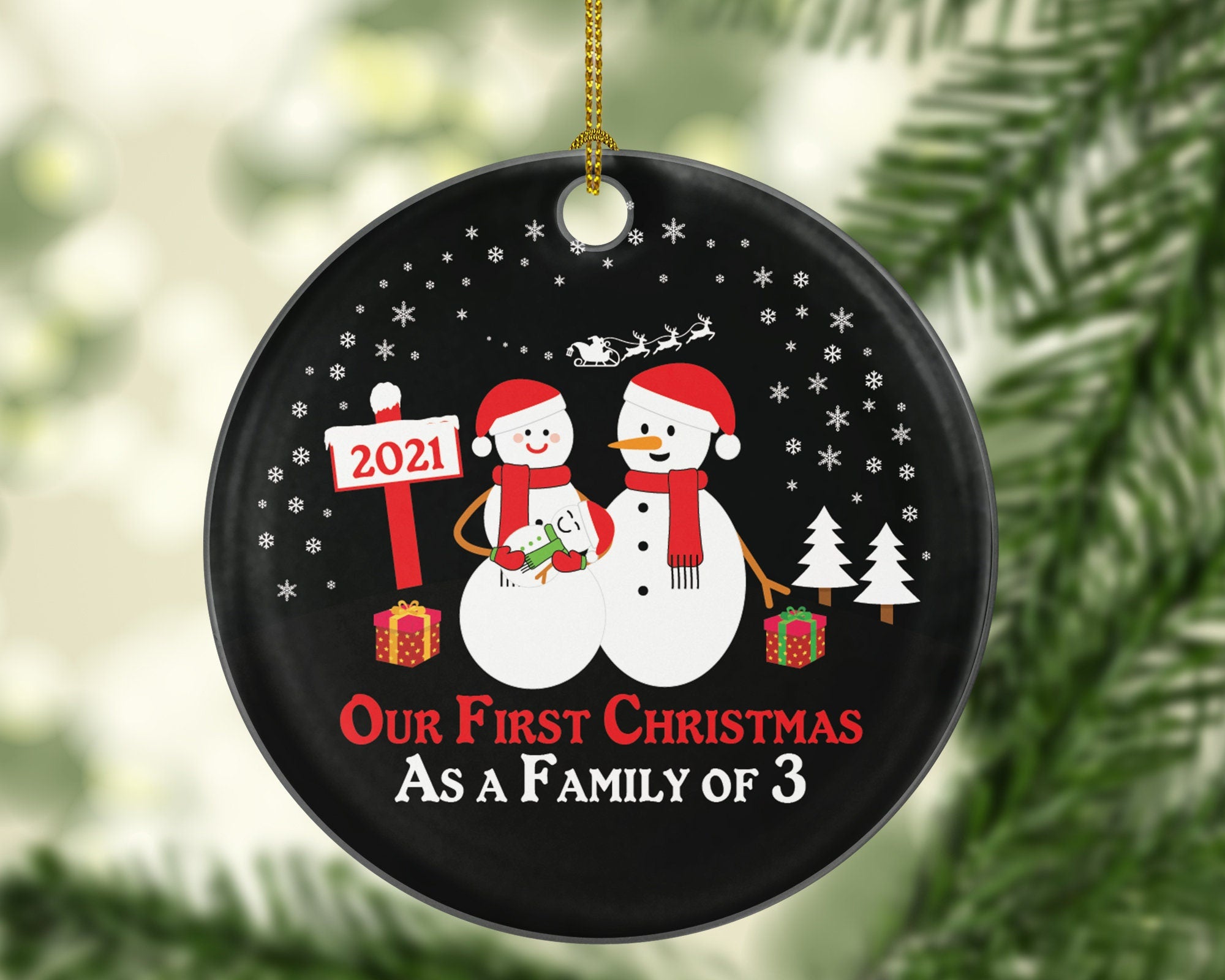 Our First Christmas As A Family Of 3 Ornament / New Parents Mom Dad Baby Girl Boy Mommy Daddy Snowmen Snowman Newborn 1st Three Kid Child
