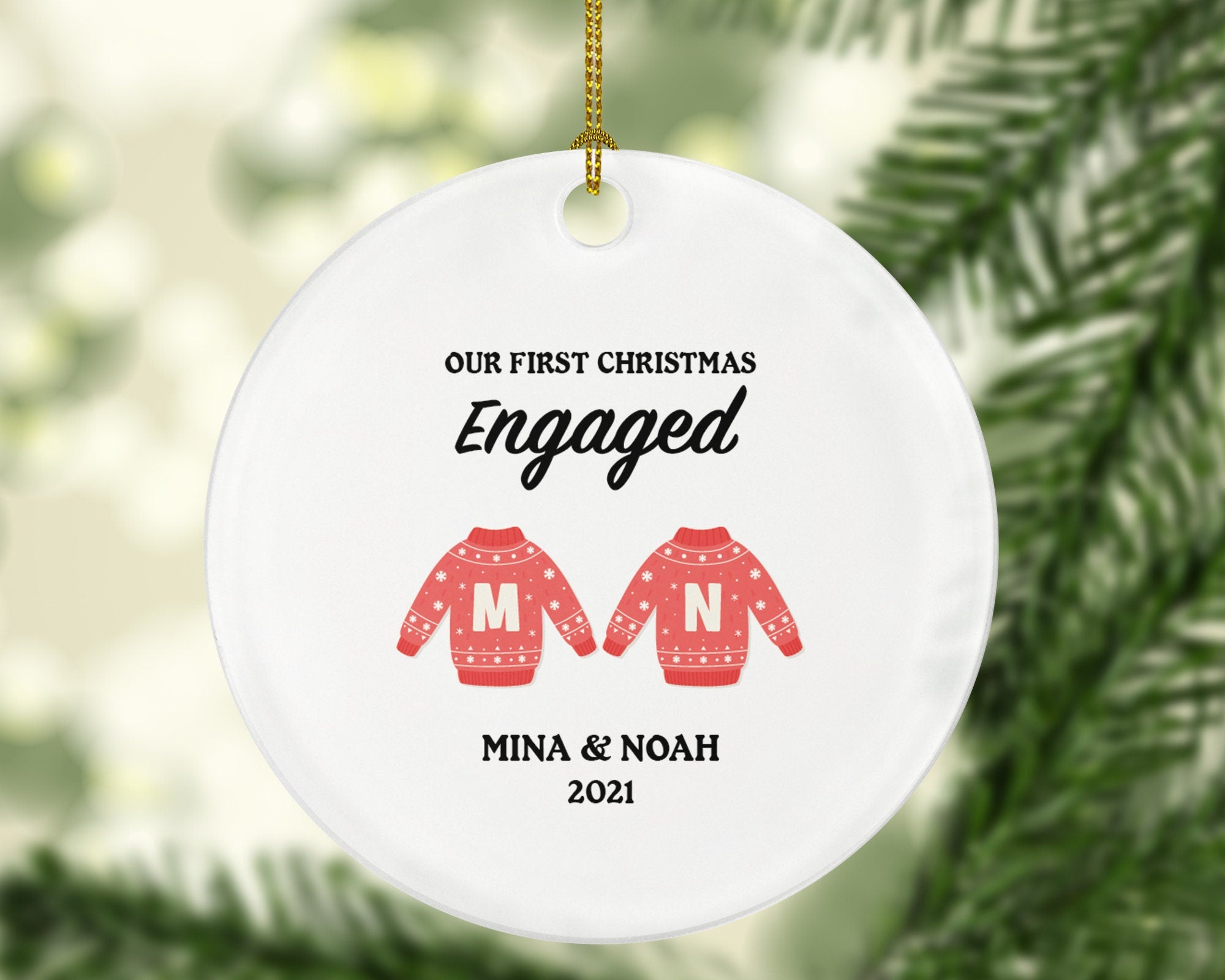 First Christmas Engaged Ornament - Personalized Engagement Announcement - Couple Sweater Gift - Our First Holiday Custom Date and Name