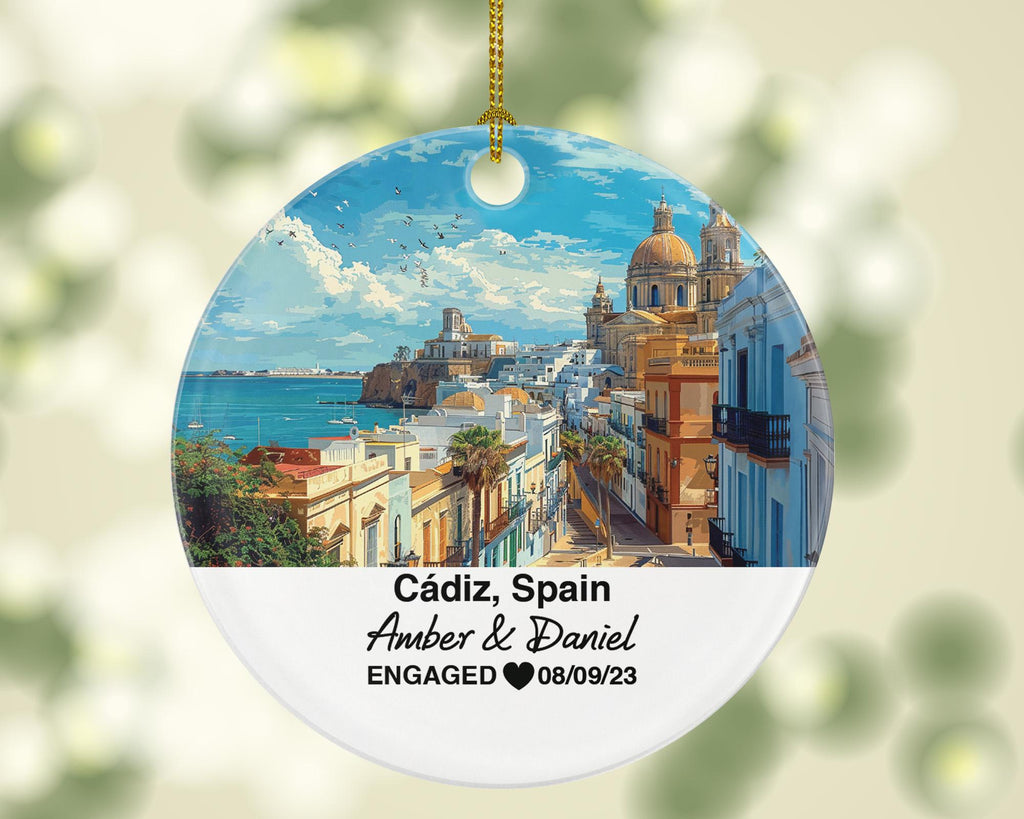 Cádiz Spain Round Ceramic Christmas Ornament – Personalized Holiday Keepsake, Custom Couple Gift for Wedding or Honeymoon