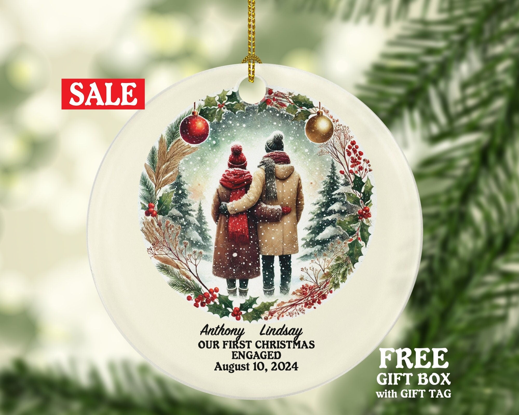 First Christmas Engaged Custom Ornament - Personalized Engagement Announcement Couple Gift - Custom Date Name - Future Husband Wife