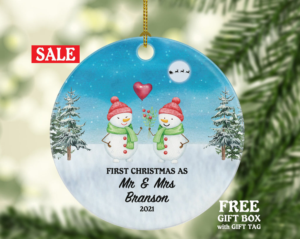 Personalized Our First Christmas as Mr & Mrs Ornament Just Married Newlywed Wedding Bride Groom Love Couple Mr. and Mrs. Present Snowmen