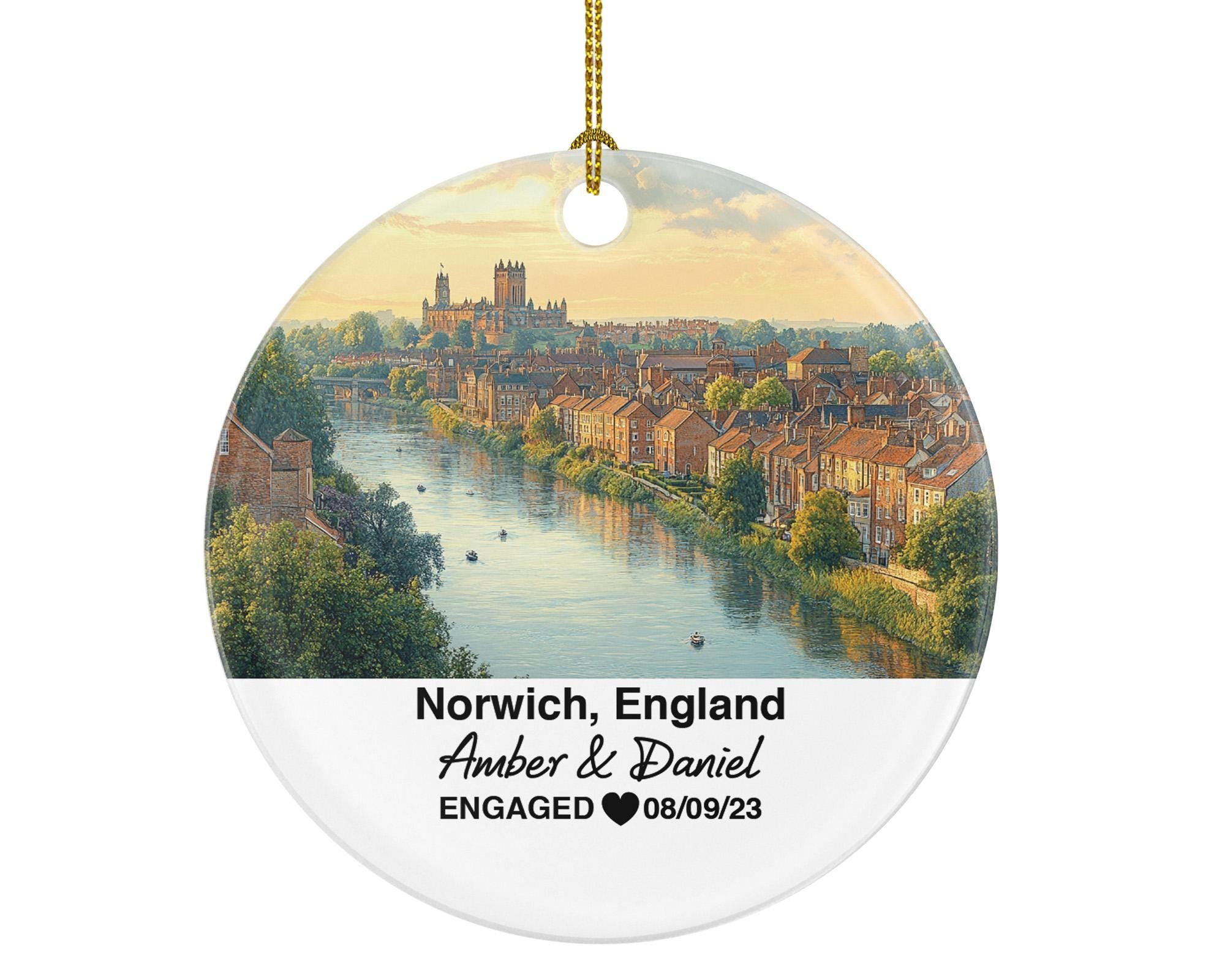 Norwich England Round Ceramic Christmas Ornament – Personalized United Kingdom Keepsake, Custom Couple Gift for Wedding or Honeymoon