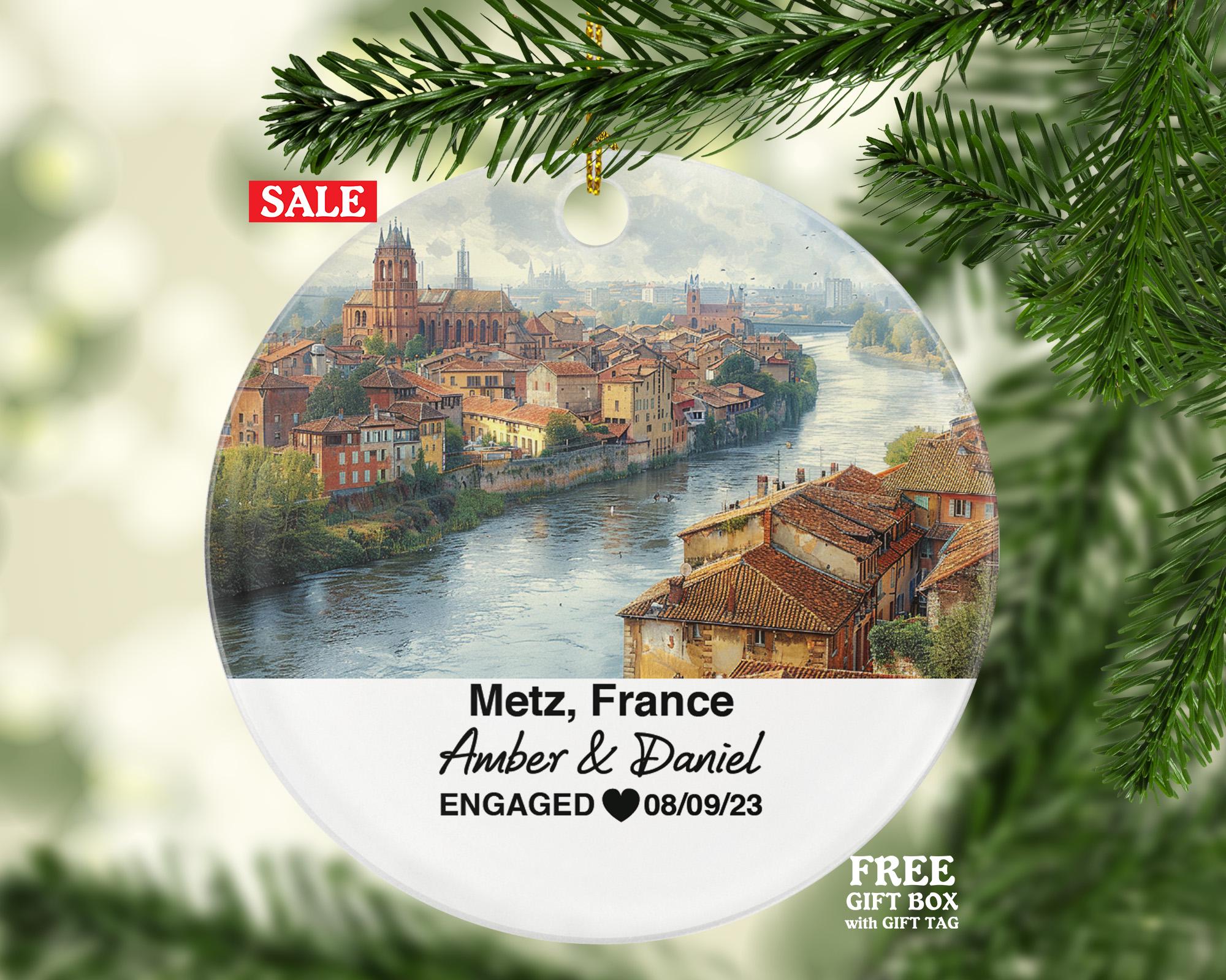 Personalized Metz France Christmas Ornament, Saint-Étienne Cathedral, Moselle River, Mr & Mrs Wedding, Engagement, or Honeymoon Keepsake for Couples