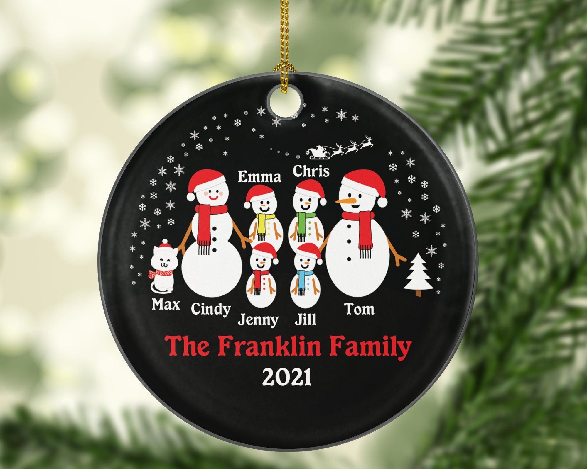 Personalized Family of 6 Christmas Ornaments with Cat Pet, Snowman Family Christmas Ornaments, 6 Snowmen Ornament, Big Family Ornament