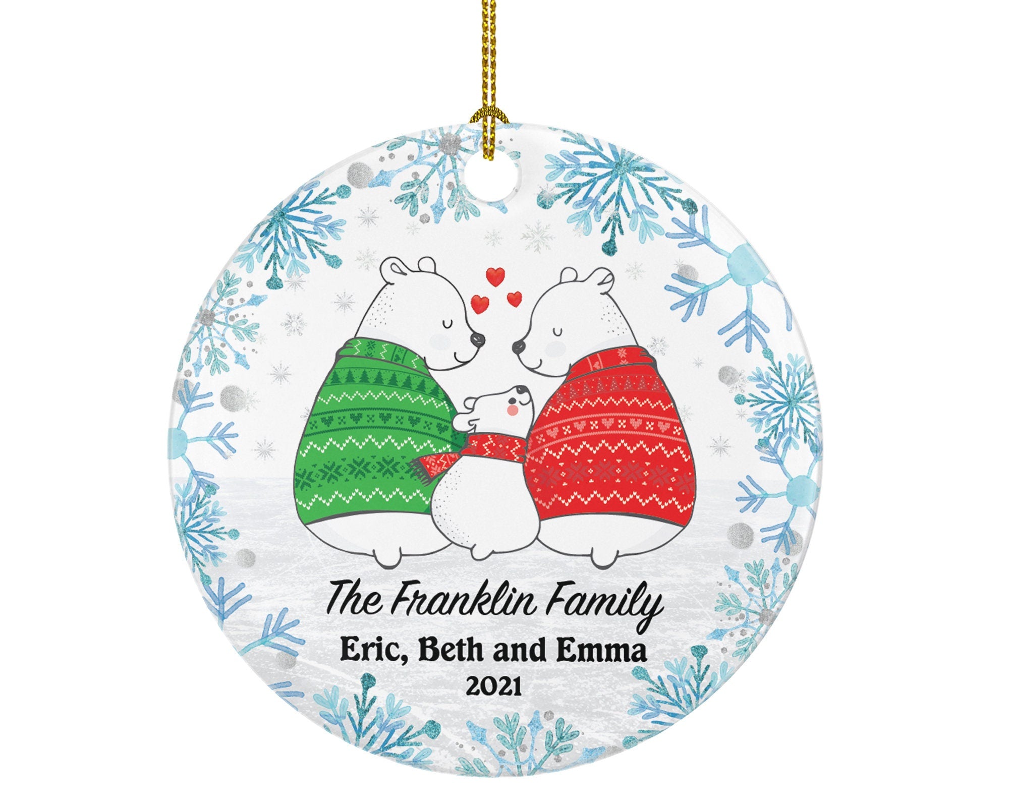 Family of 3 Christmas Ornament Personalized - Bear Family Custom Names  of Three First Ornament Gift with Kids Xmas
