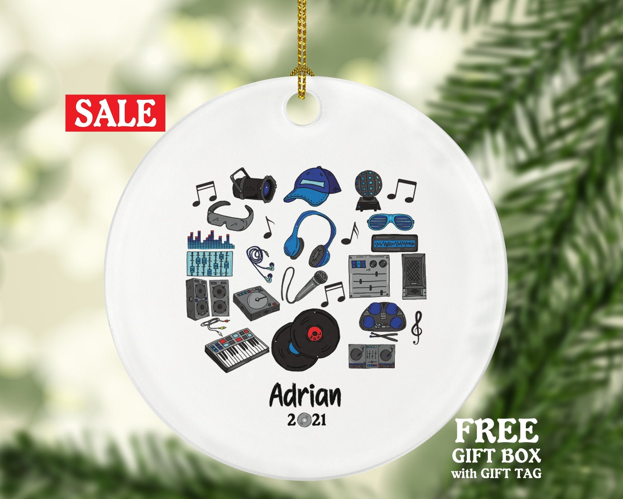 DJ Disc Jokey Christmas Personalized Ornament - DJ Disc Jokey Turntables Cartridge Mixer Headphones Gift - Custom Name Year