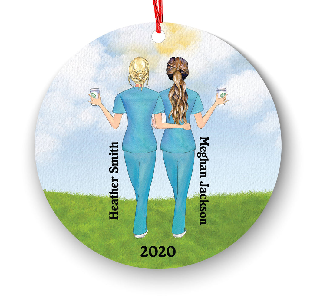 Personalized Nurse Medical Doctor Scrub Female Besties Best Friends Christmas Ornament Therapist Physician Pulmonary MD Custom Portrait Gift